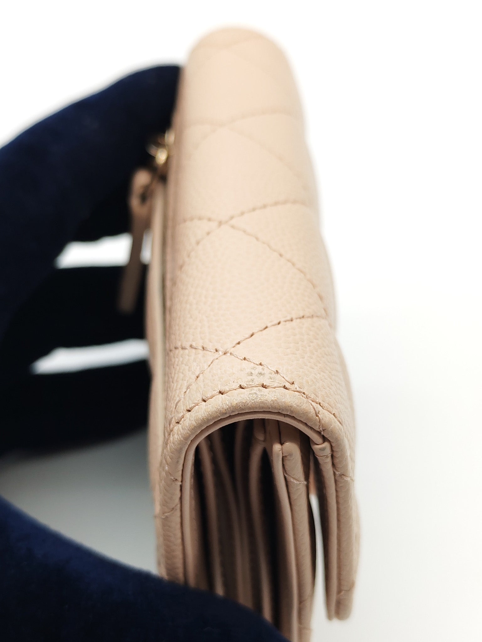 Classic Coin Case Flap Compact Wallet in Iredescent Beige Quilted Caviar Leather & Gold Hardware Series 31