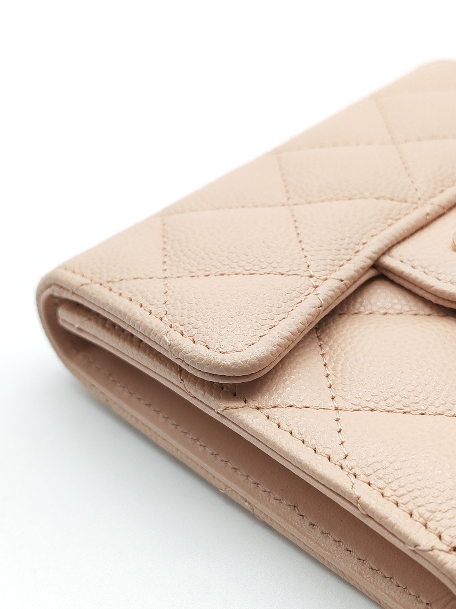 Classic Coin Case Flap Compact Wallet in Iredescent Beige Quilted Caviar Leather & Gold Hardware Series 31