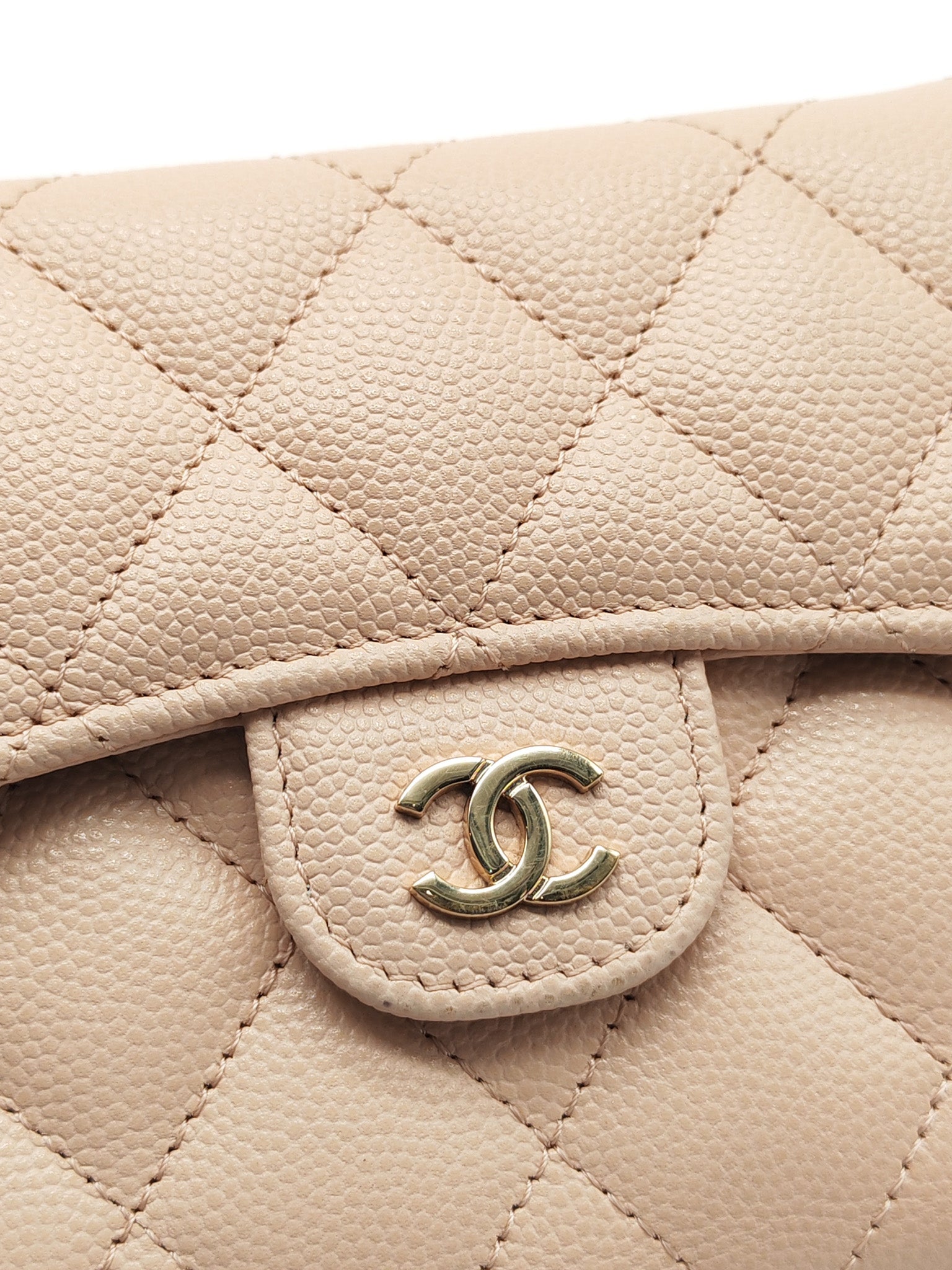 Classic Coin Case Flap Compact Wallet in Iredescent Beige Quilted Caviar Leather & Gold Hardware Series 31