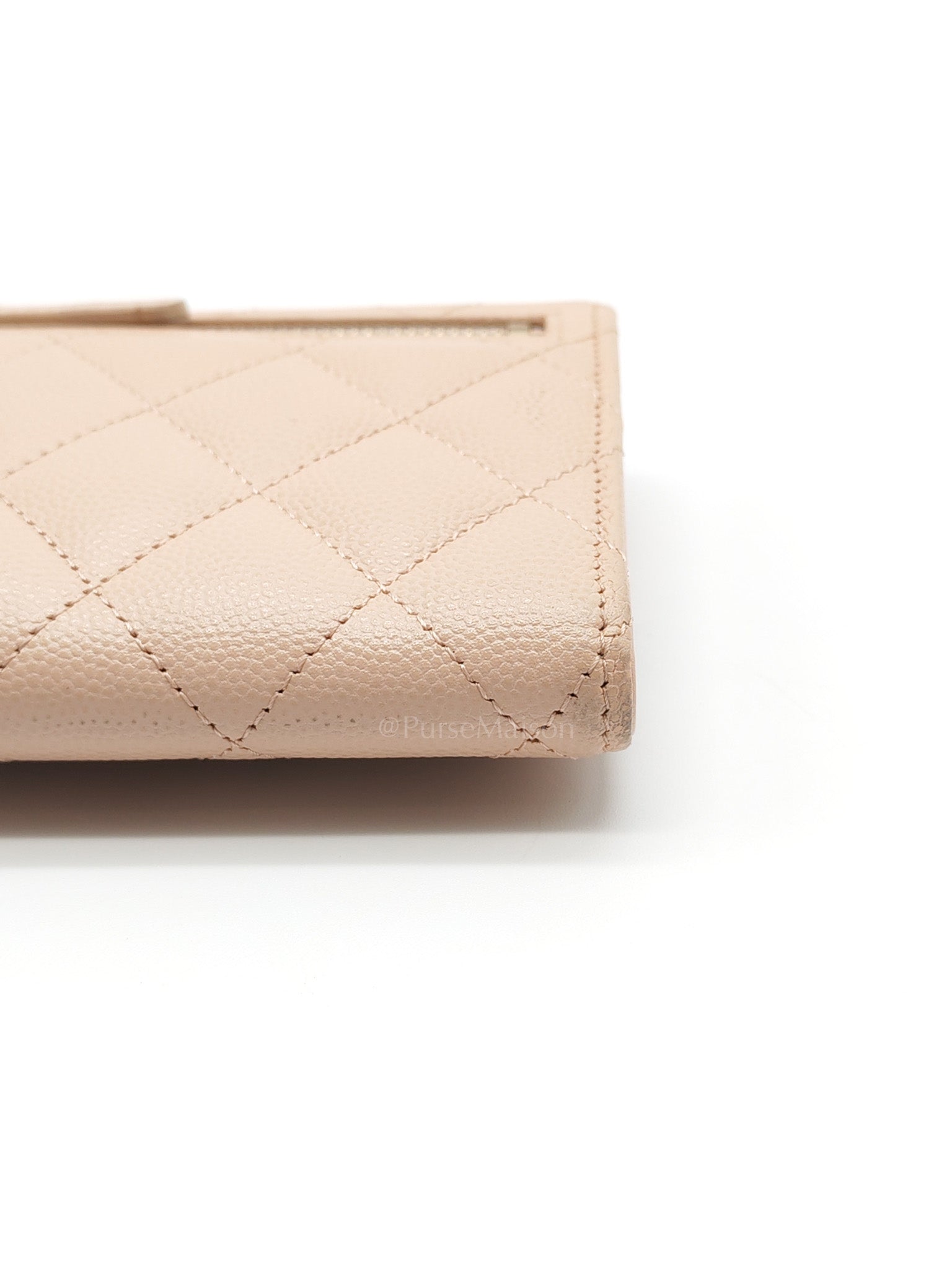 Classic Coin Case Flap Compact Wallet in Iredescent Beige Quilted Caviar Leather & Gold Hardware Series 31