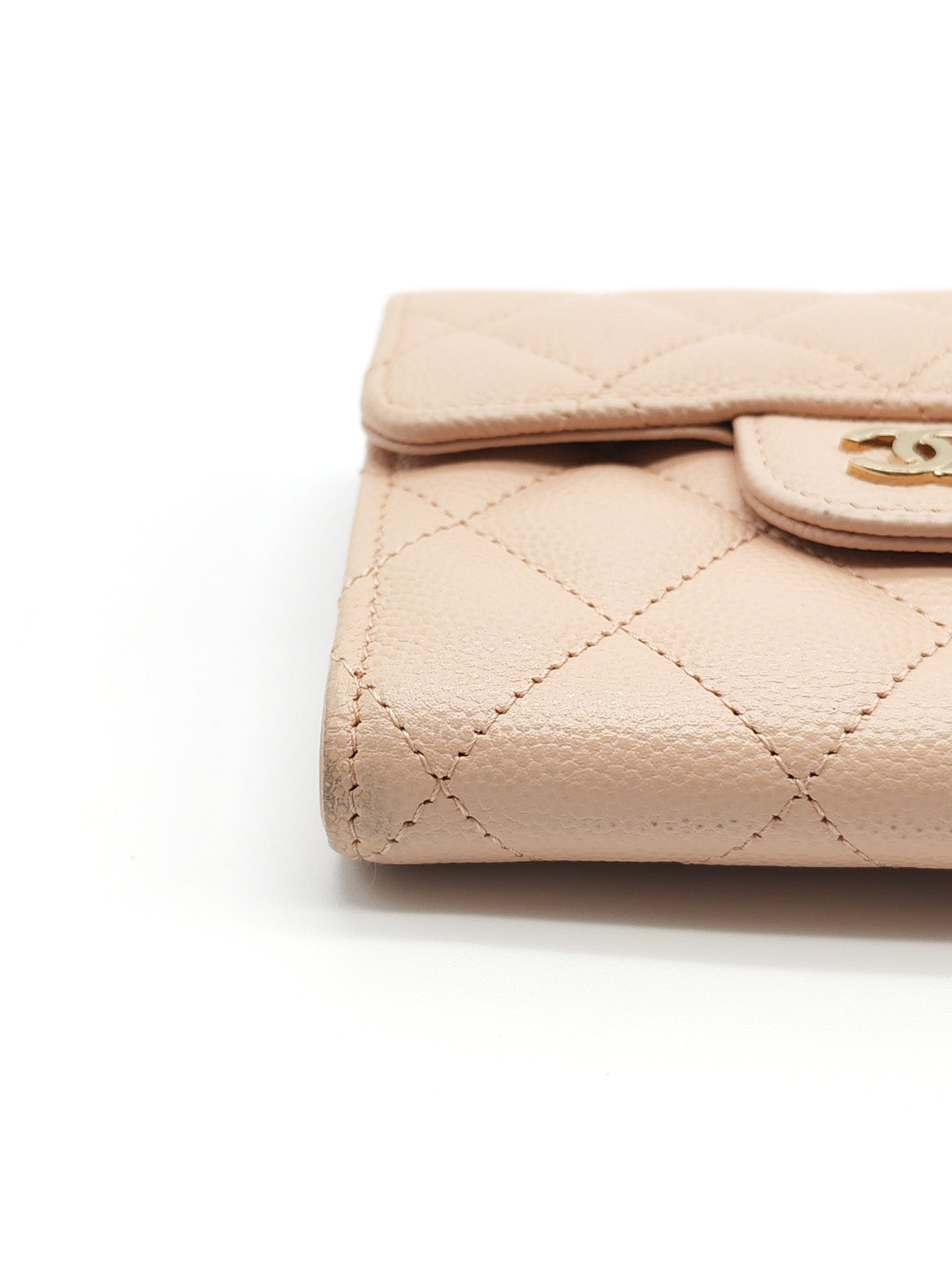 Classic Coin Case Flap Compact Wallet in Iredescent Beige Quilted Caviar Leather & Gold Hardware Series 31