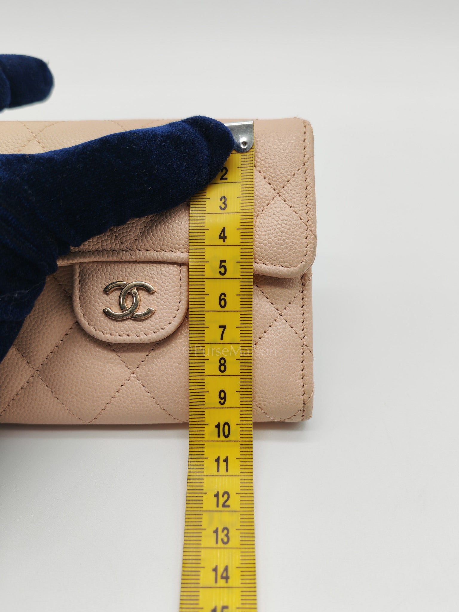 Classic Coin Case Flap Compact Wallet in Iredescent Beige Quilted Caviar Leather & Gold Hardware Series 31