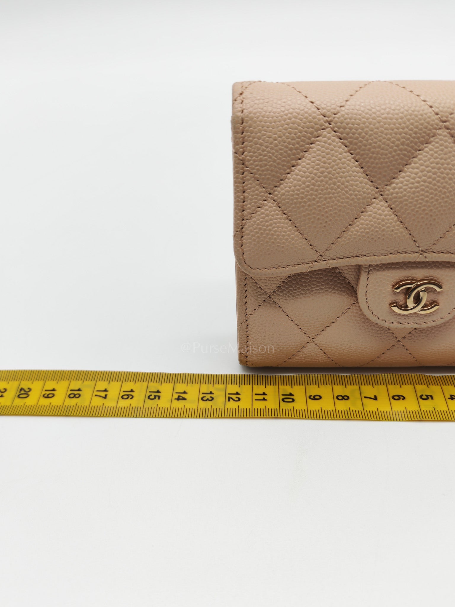 Classic Coin Case Flap Compact Wallet in Iredescent Beige Quilted Caviar Leather & Gold Hardware Series 31