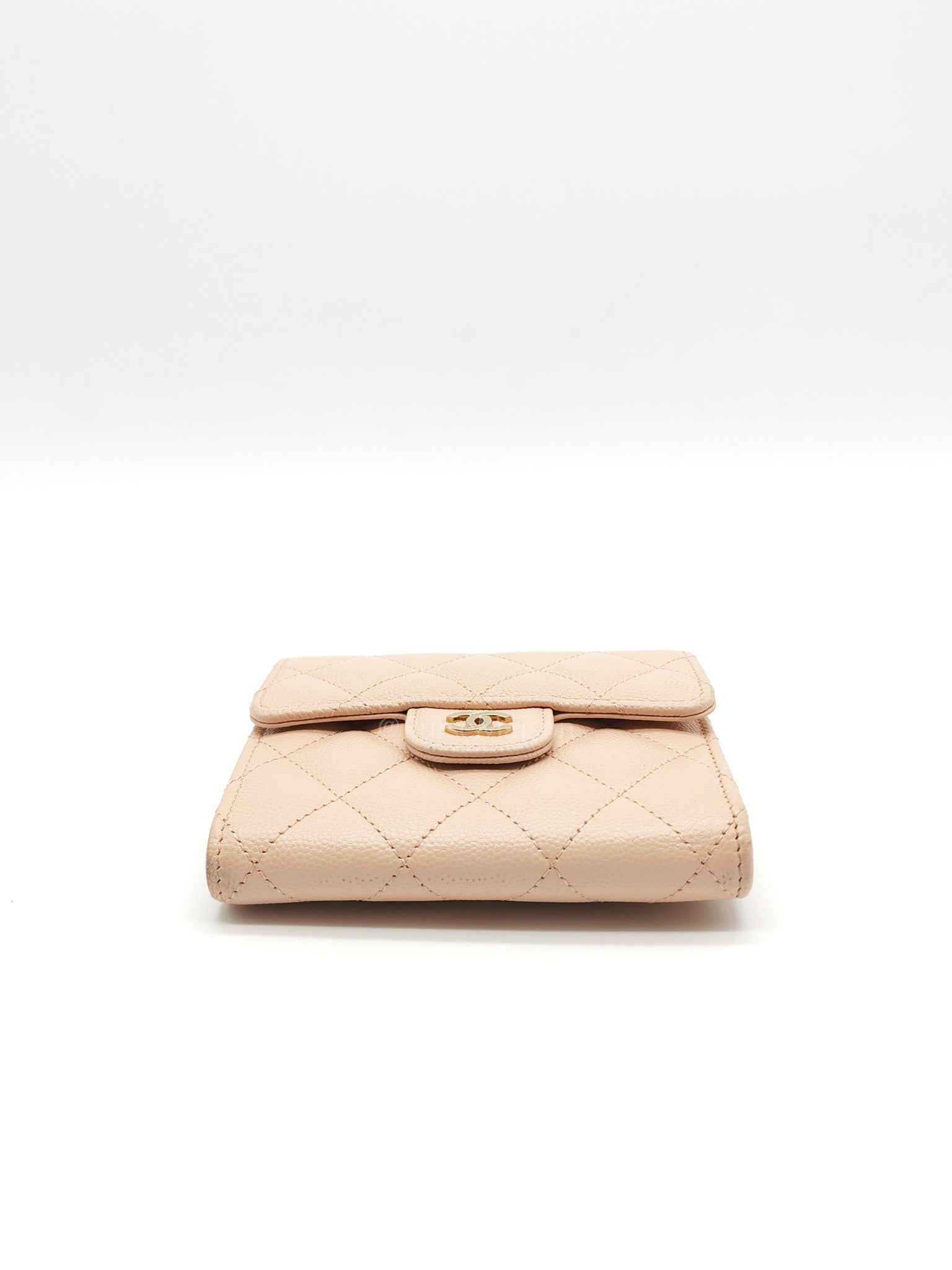 Classic Coin Case Flap Compact Wallet in Iredescent Beige Quilted Caviar Leather & Gold Hardware Series 31
