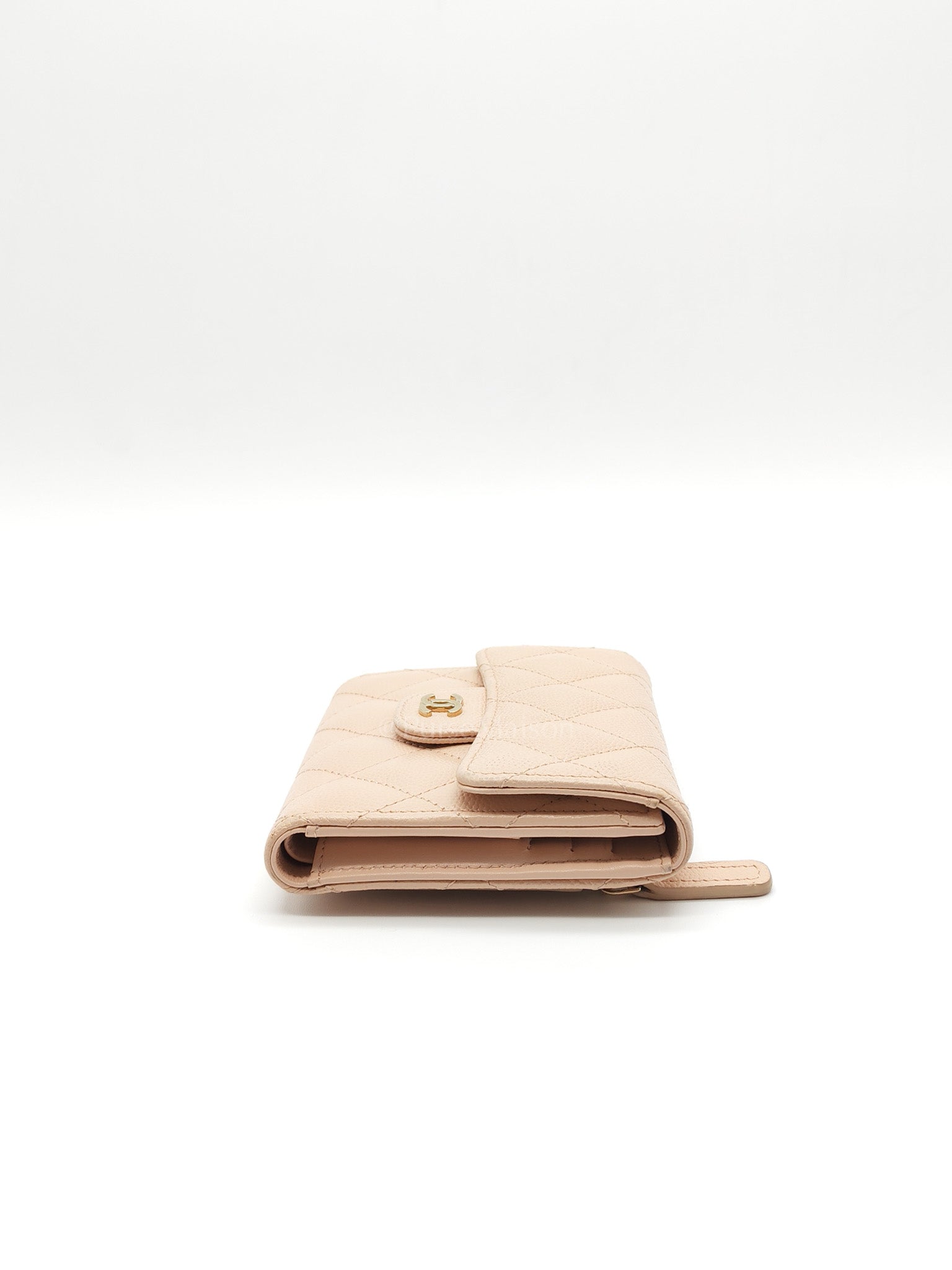 Classic Coin Case Flap Compact Wallet in Iredescent Beige Quilted Caviar Leather & Gold Hardware Series 31