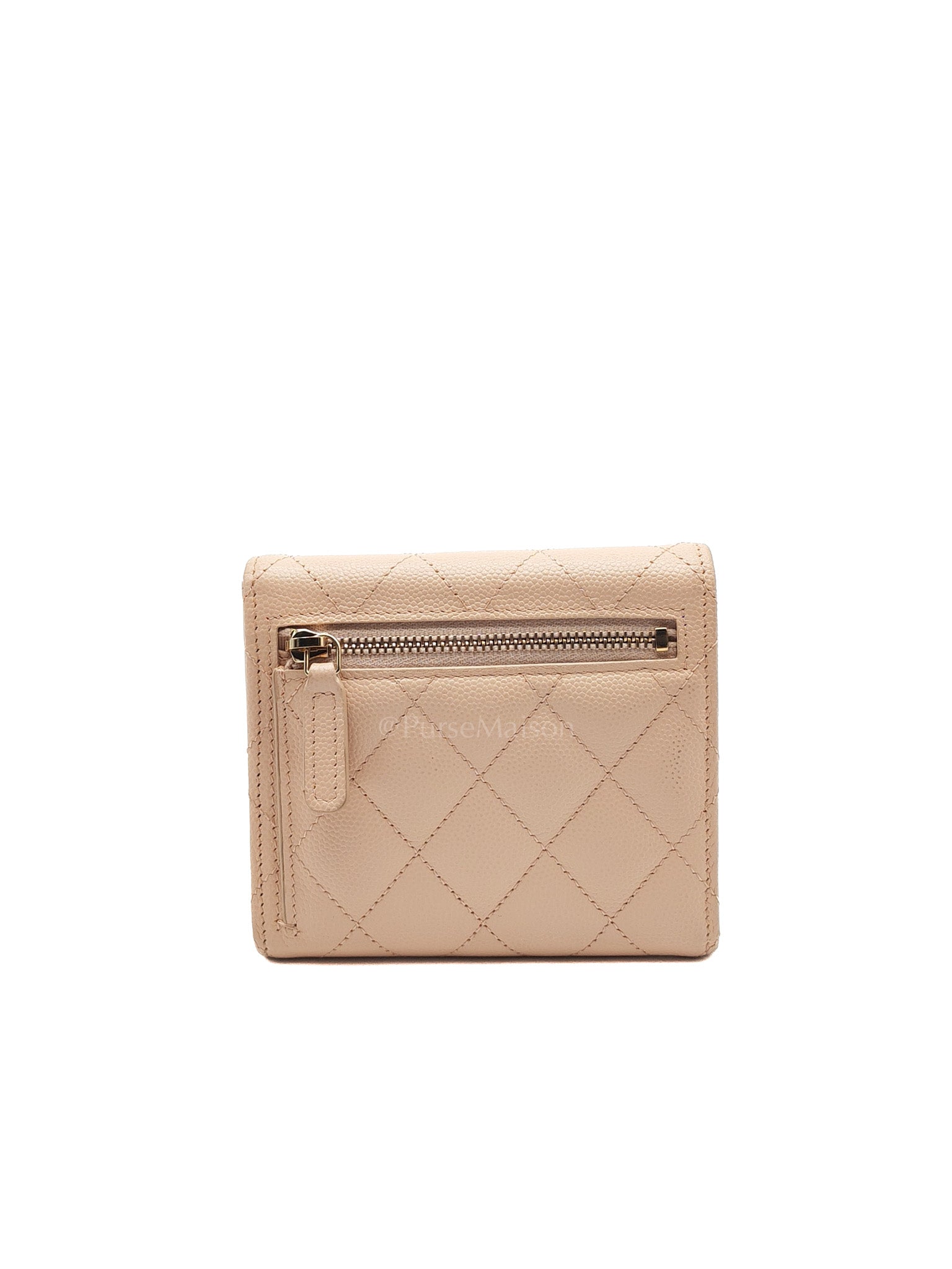 Classic Coin Case Flap Compact Wallet in Iredescent Beige Quilted Caviar Leather & Gold Hardware Series 31