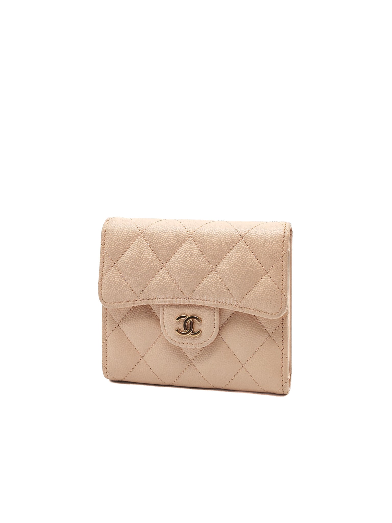 Classic Coin Case Flap Compact Wallet in Iredescent Beige Quilted Caviar Leather & Gold Hardware Series 31
