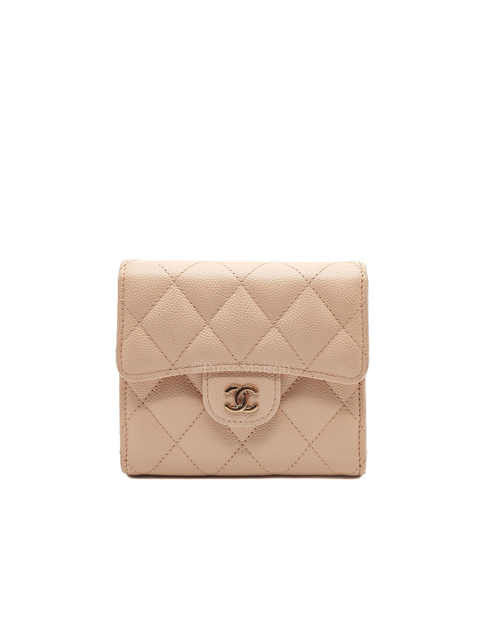 Classic Coin Case Flap Compact Wallet in Iredescent Beige Quilted Caviar Leather & Gold Hardware Series 31