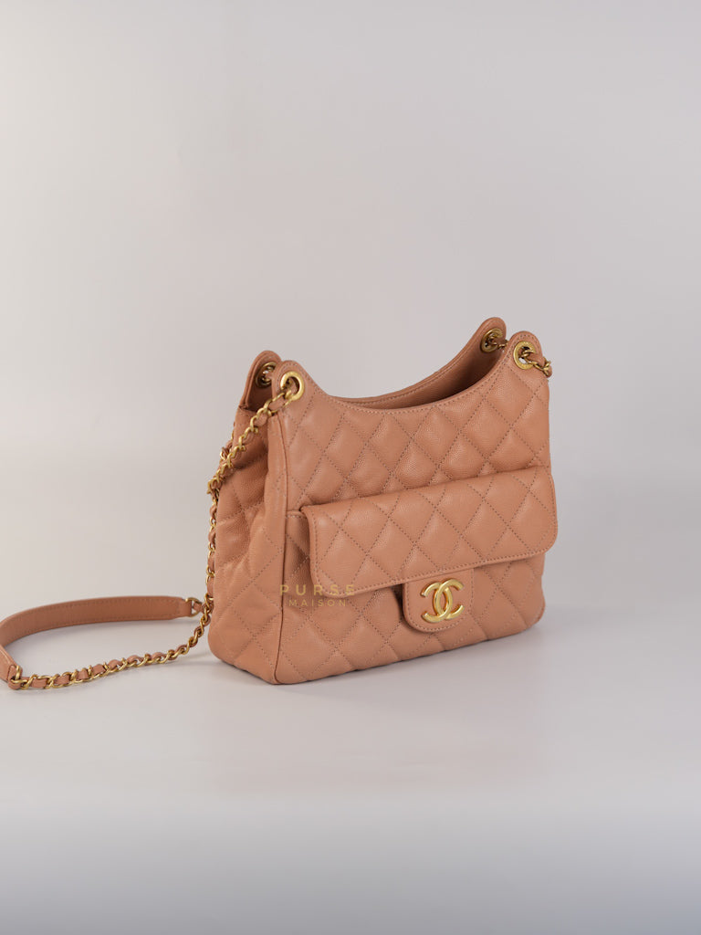 Wavy Small Hobo Caramel Caviar Leather in Aged Gold Hardware (Microchip) | Purse Maison Luxury Bags Shop