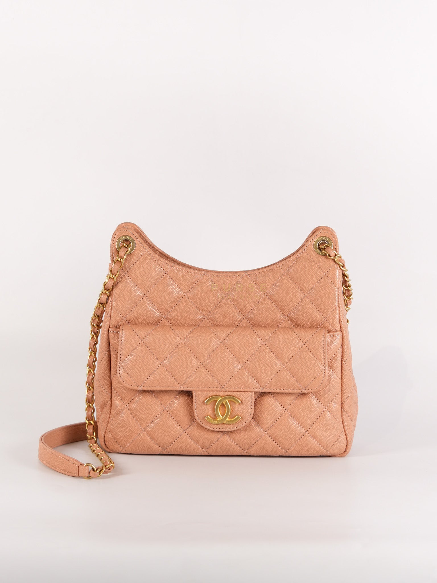 Wavy Small Hobo Caramel Caviar Leather in Aged Gold Hardware (Microchip) | Purse Maison Luxury Bags Shop