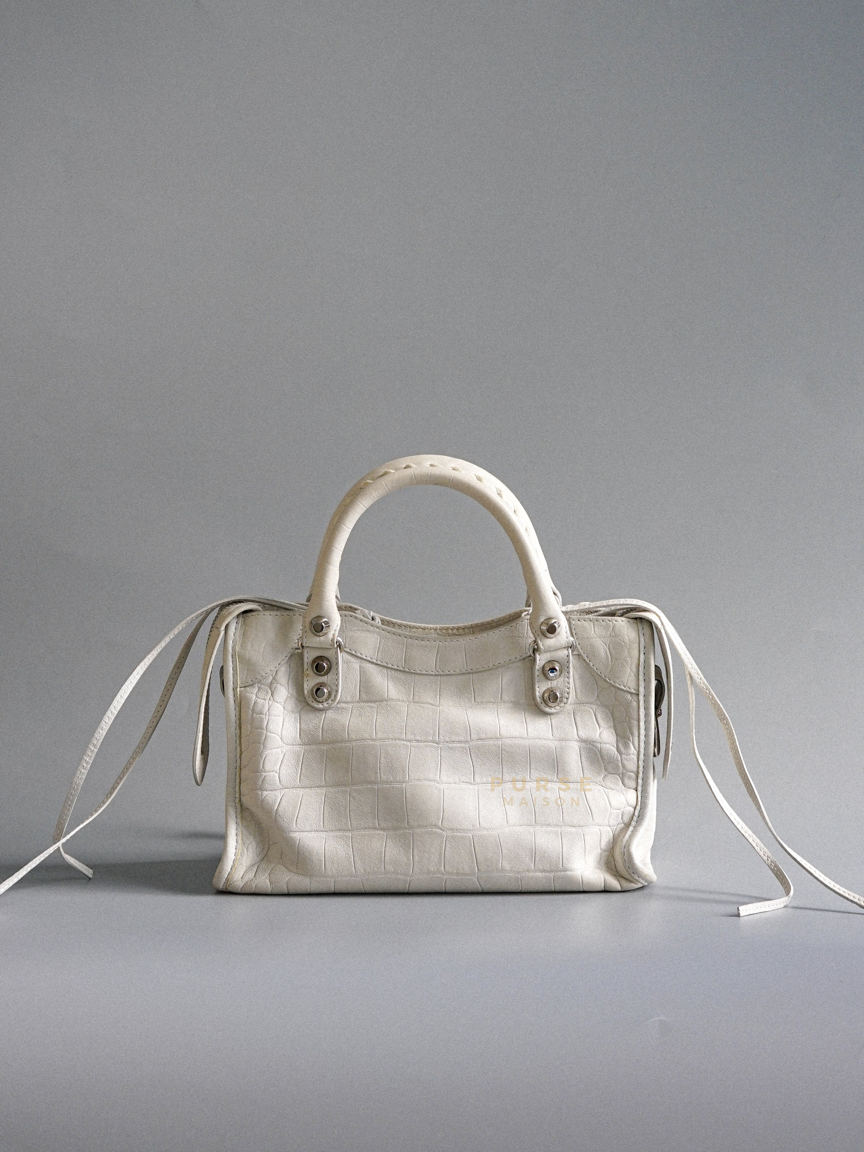 White Croc Leather Mini City Metallic Edge Bag | Purse Maison Luxury Bags Shop