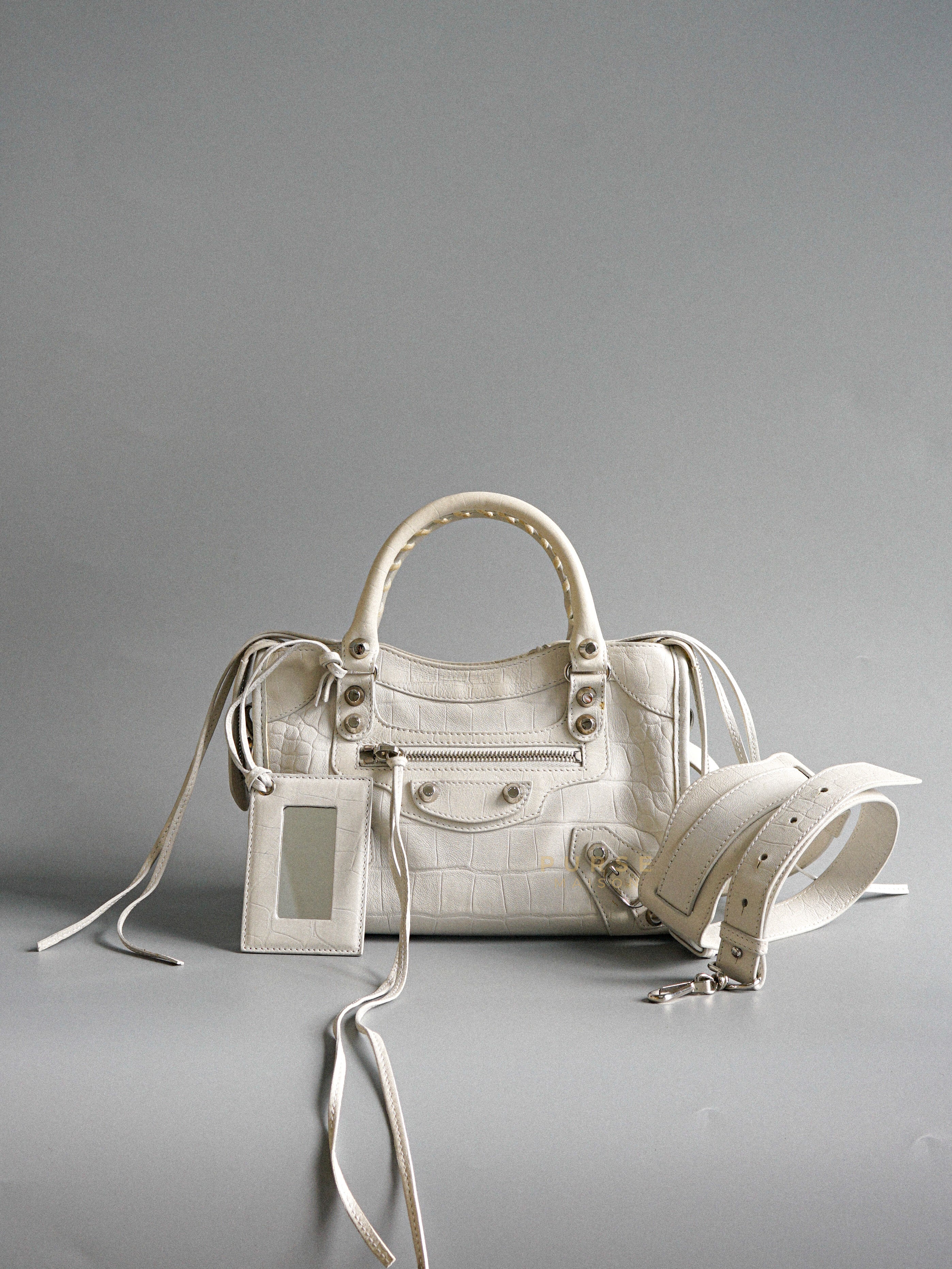 White Croc Leather Mini City Metallic Edge Bag | Purse Maison Luxury Bags Shop