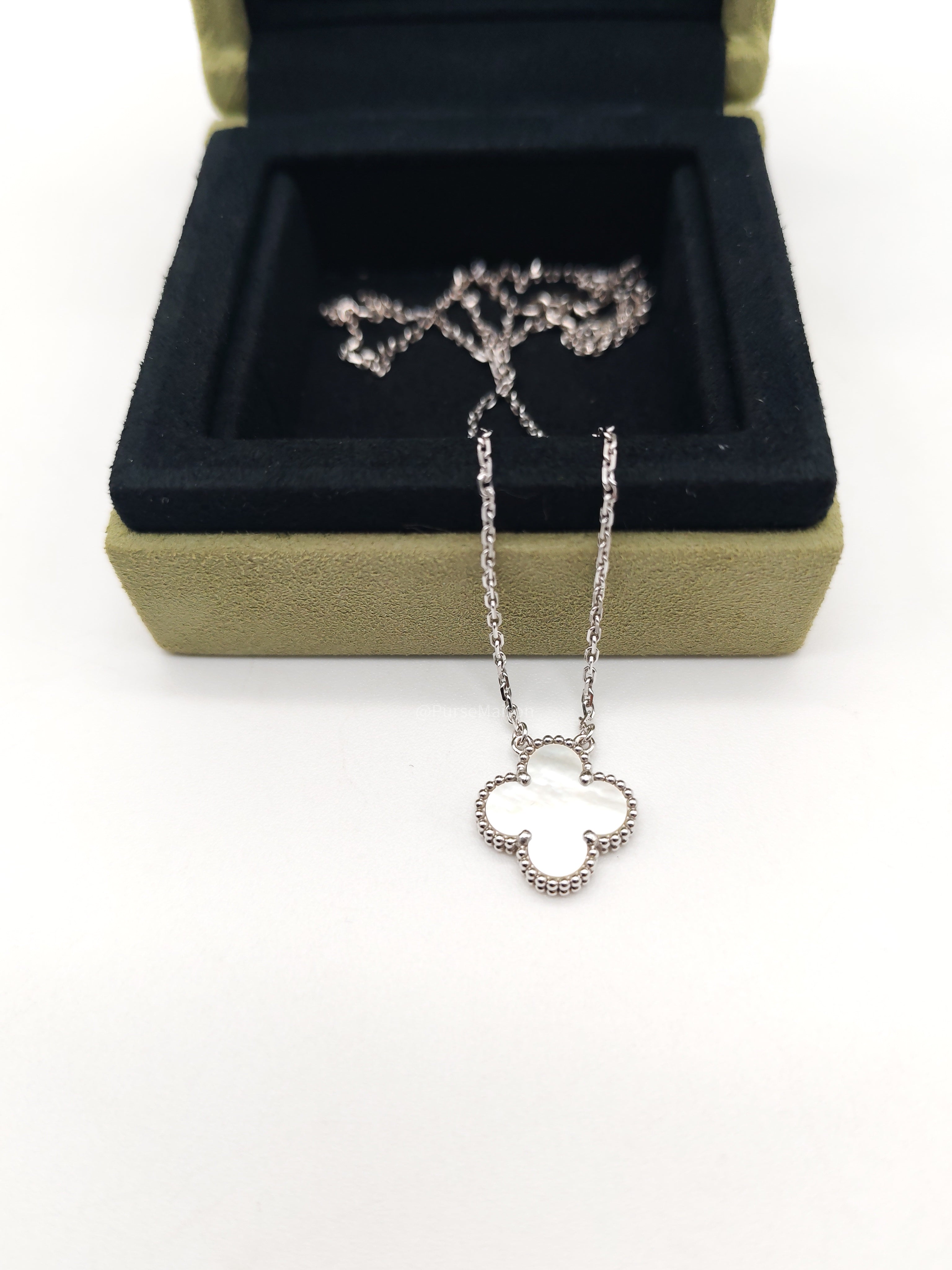 Van Cleef & Arpels Vintage Alhambra White MOP Pendant in 18k White Gold Necklace (2023)