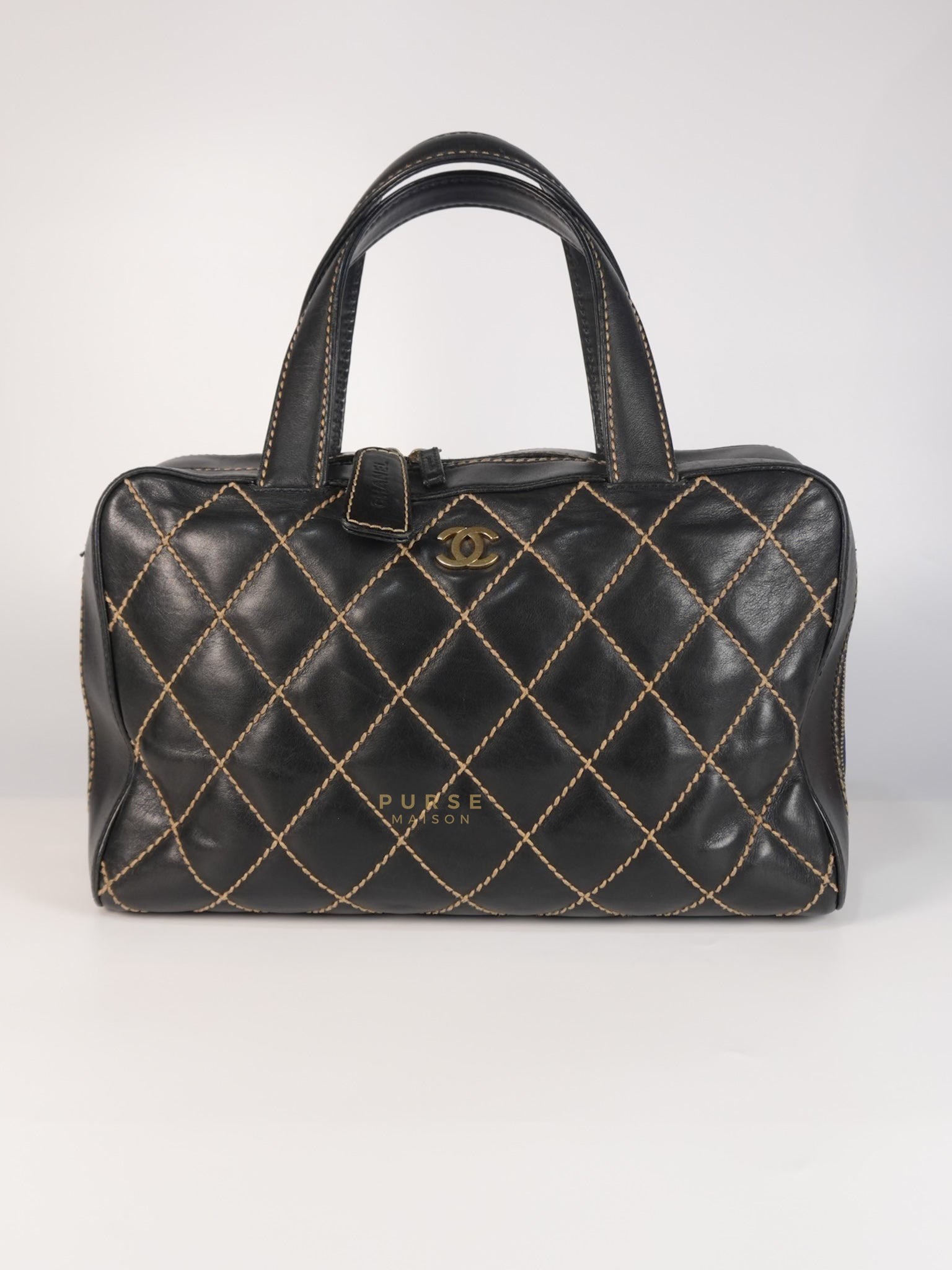 Black Quilted Leather Bag White Stitching Wild Stitch Tote Bag