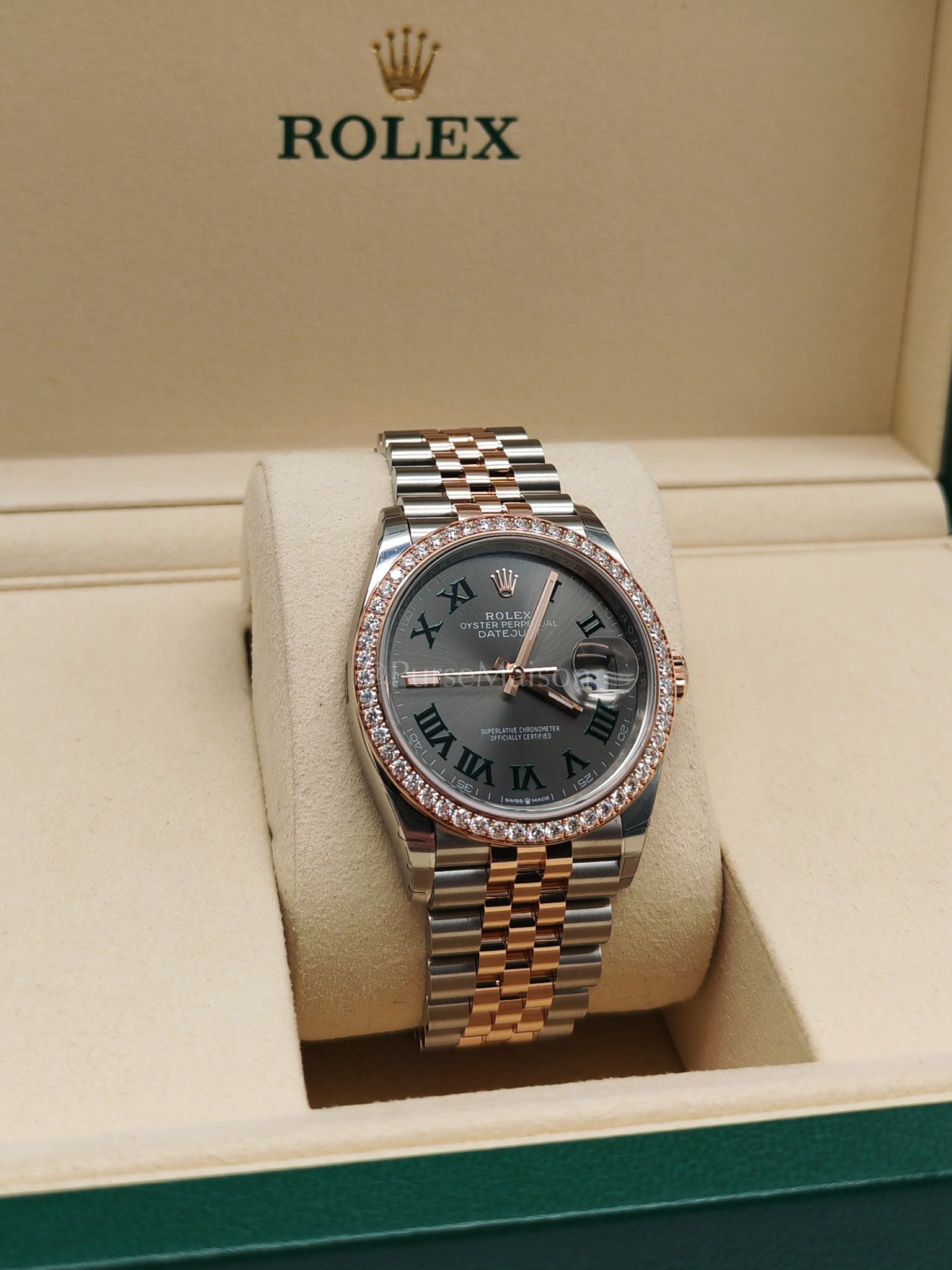 Wimbledon 36mm Oyster Perpetual Datejust Everose gold and Diamond Bezel Jubilee Stainless Steel Strap Year 2025 (Reference Number: 126281RBR) | Purse Maison Luxury Bags Shop
