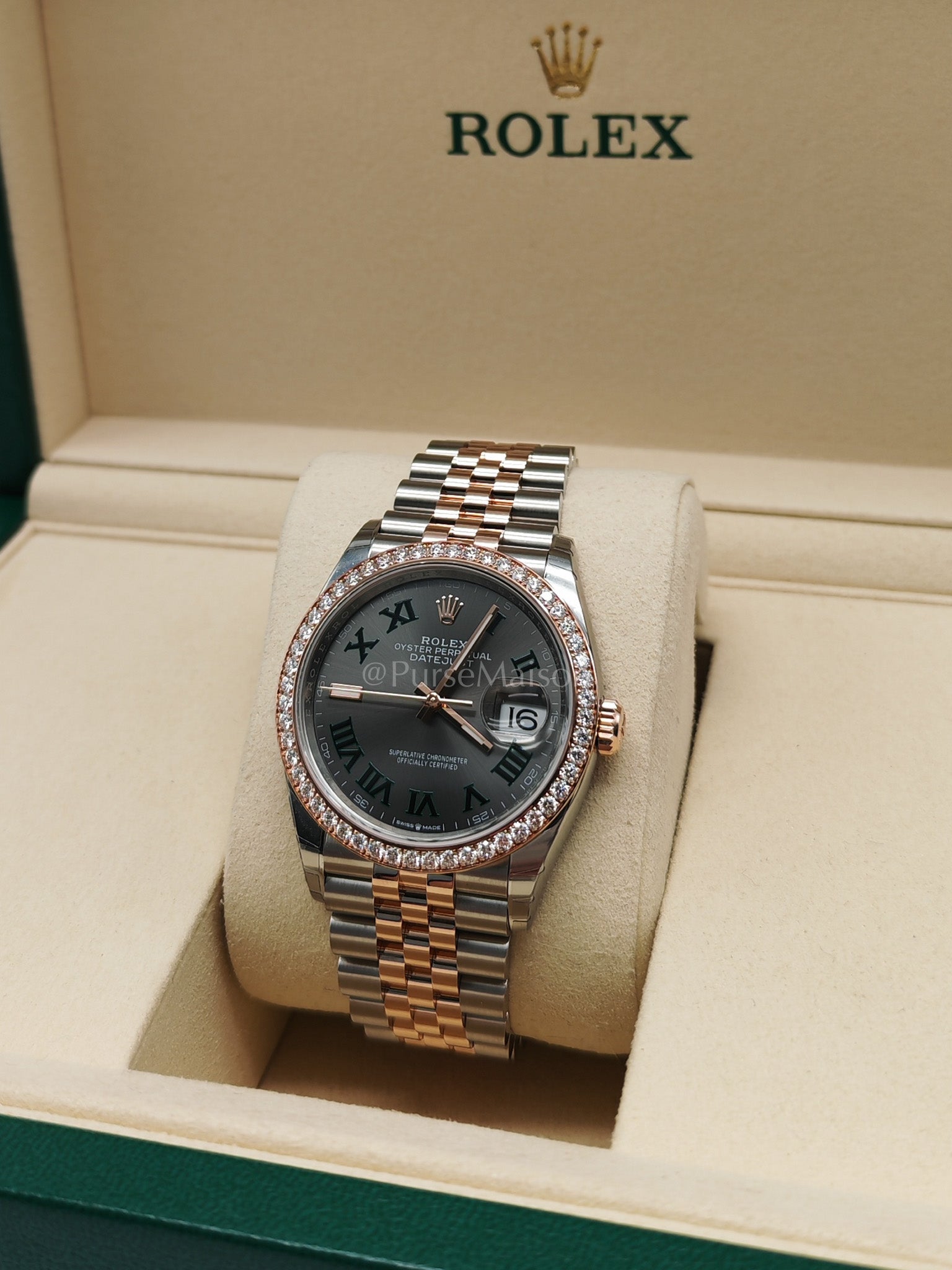 Wimbledon 36mm Oyster Perpetual Datejust Everose gold and Diamond Bezel Jubilee Stainless Steel Strap Year 2025 (Reference Number: 126281RBR) | Purse Maison Luxury Bags Shop