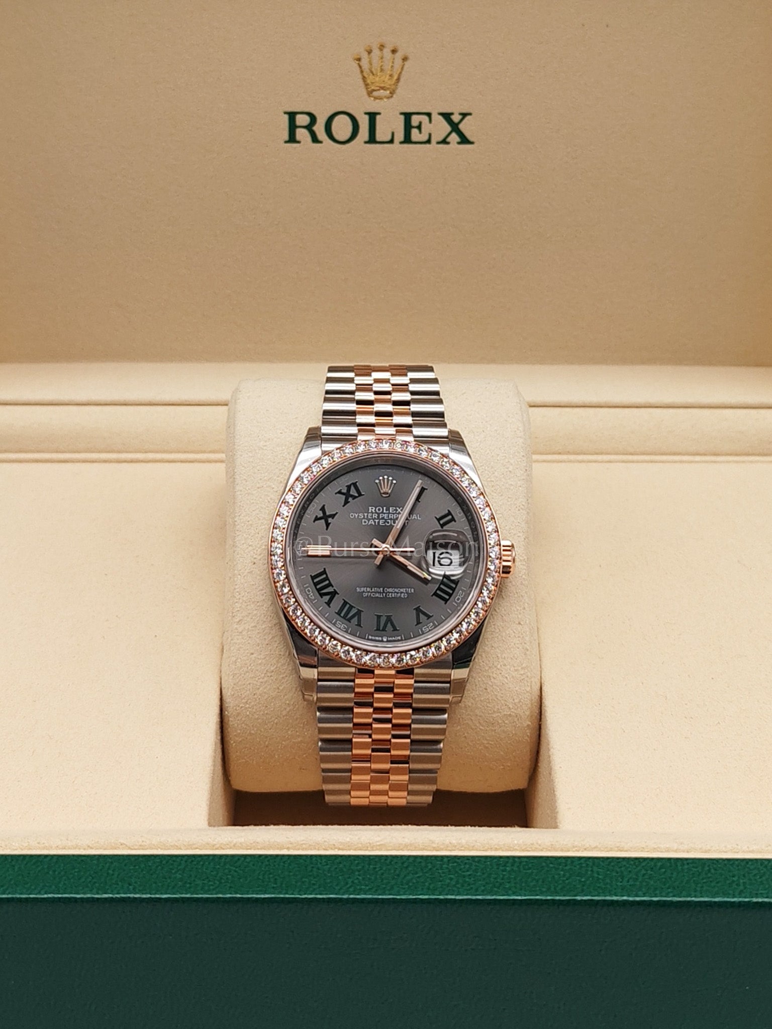 Wimbledon 36mm Oyster Perpetual Datejust Everose gold and Diamond Bezel Jubilee Stainless Steel Strap Year 2025 (Reference Number: 126281RBR) | Purse Maison Luxury Bags Shop