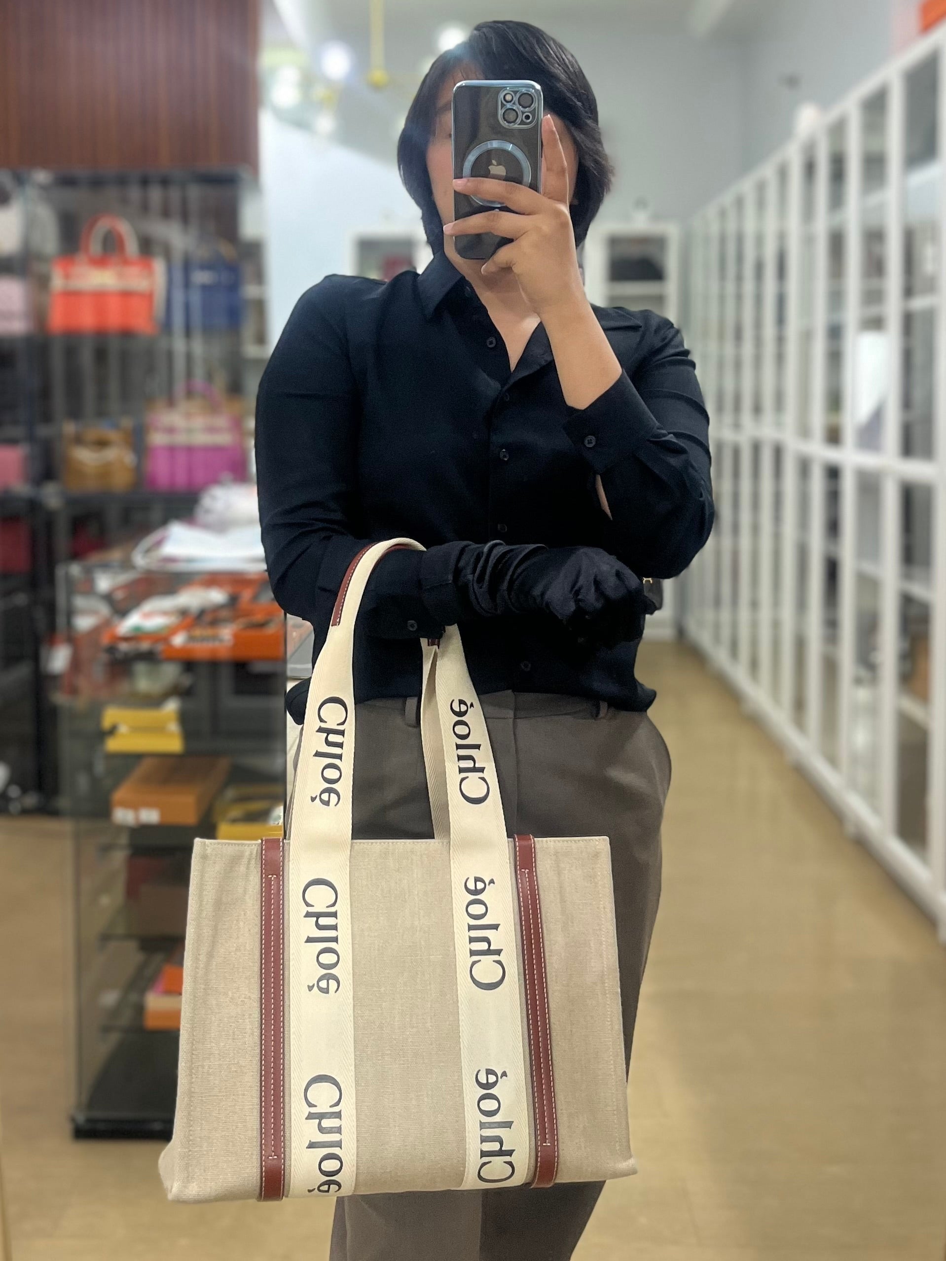 Woody Canvas & Calf Leather Tote Bag Medium | Purse Maison Luxury Bags Shop