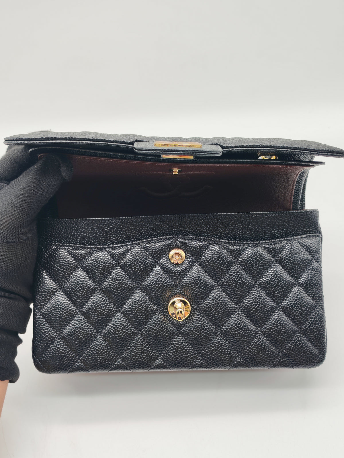 Chanel Classic Double Flap Bag Small in Black Caviar Leather Gold Hardware Microchip CX****KJ