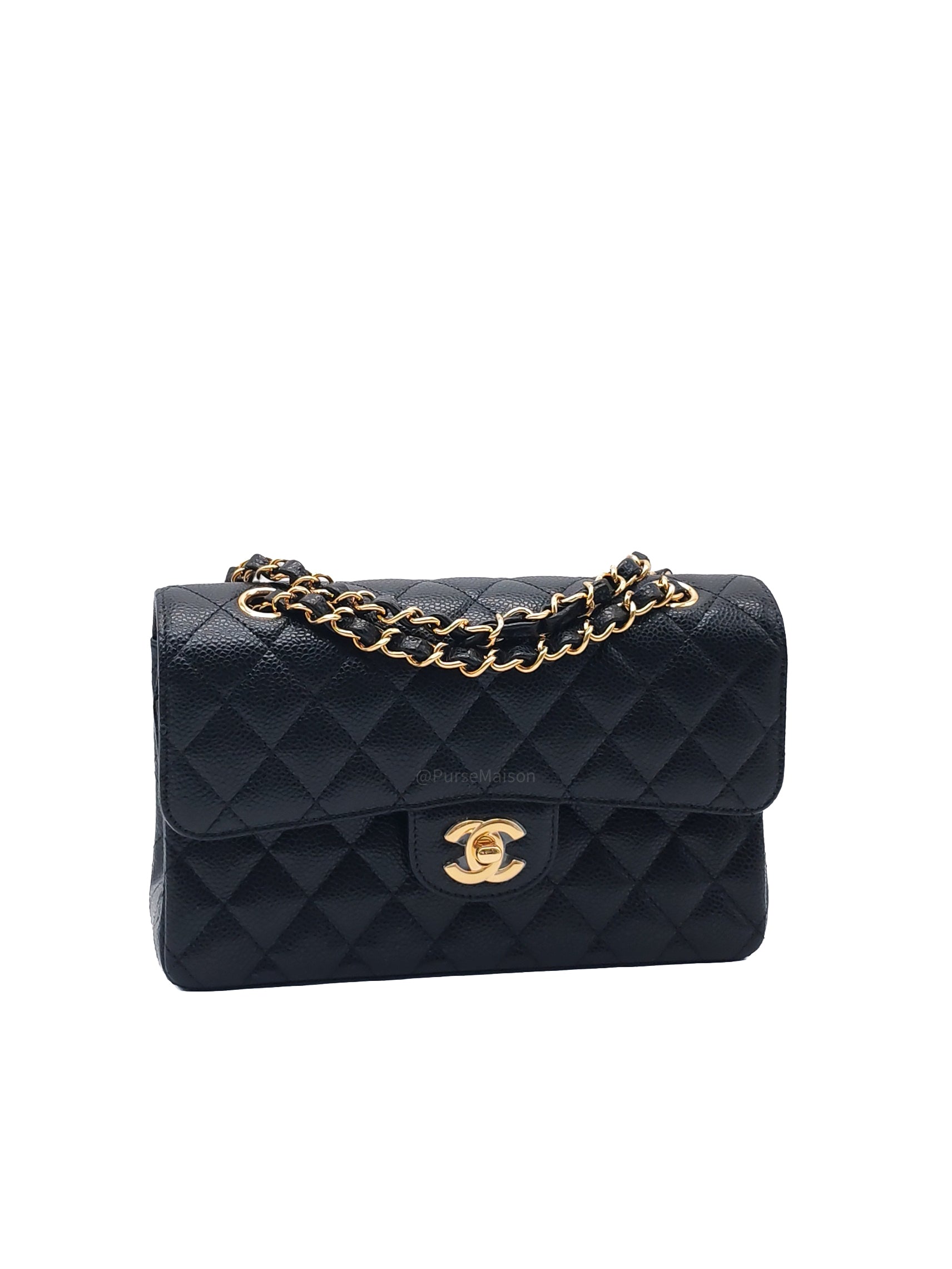 Chanel Classic Double Flap Bag Small in Black Caviar Leather Gold Hardware Microchip CX****KJ