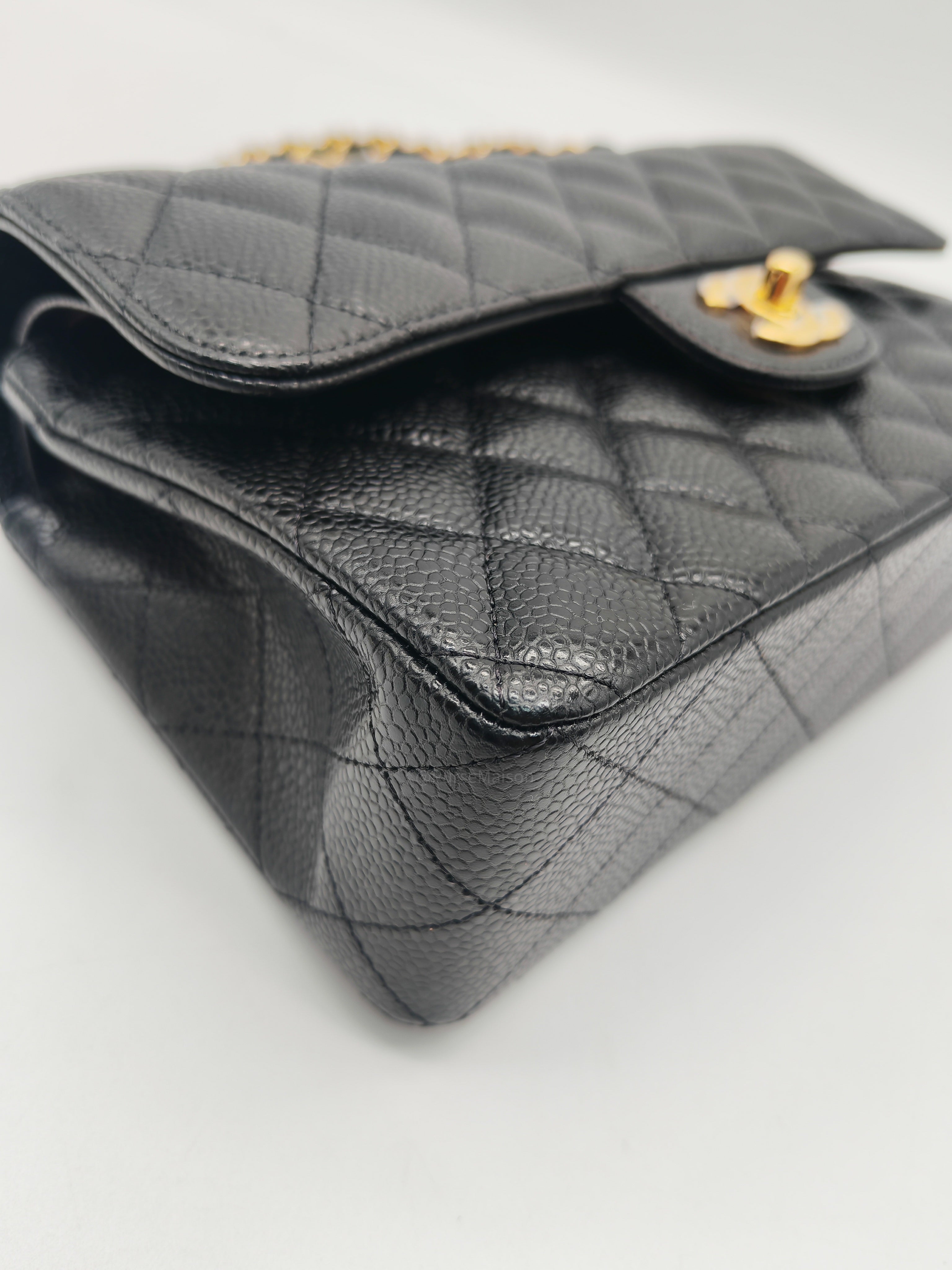 Chanel Classic Double Flap Bag Small in Black Caviar Leather Gold Hardware Microchip CX****KJ