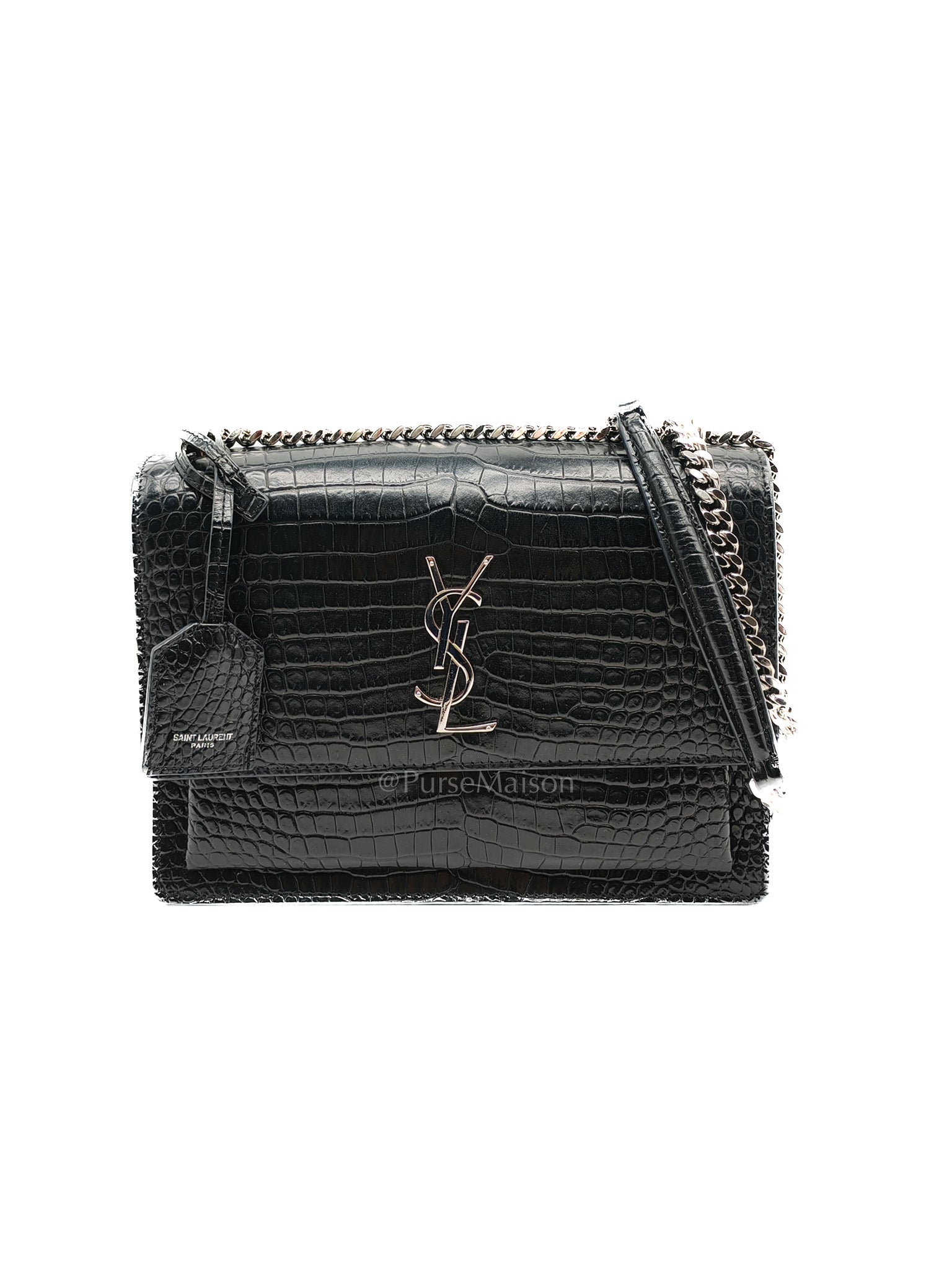 Yves Saint Laurent Sunset Medium Shoulder Bag in Black Shiny Crocodile Leather and Silver Hardware