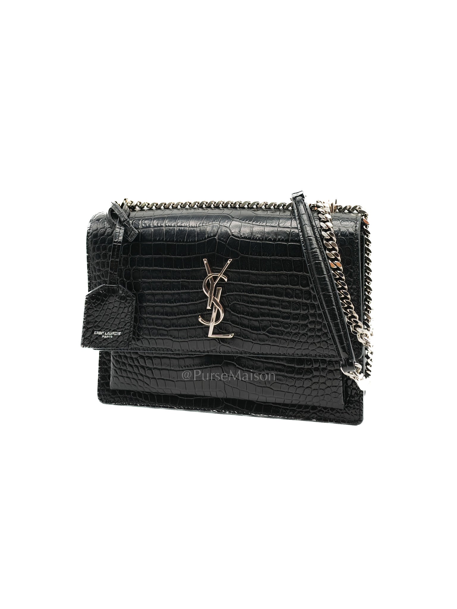 Yves Saint Laurent Sunset Medium Shoulder Bag in Black Shiny Crocodile Leather and Silver Hardware