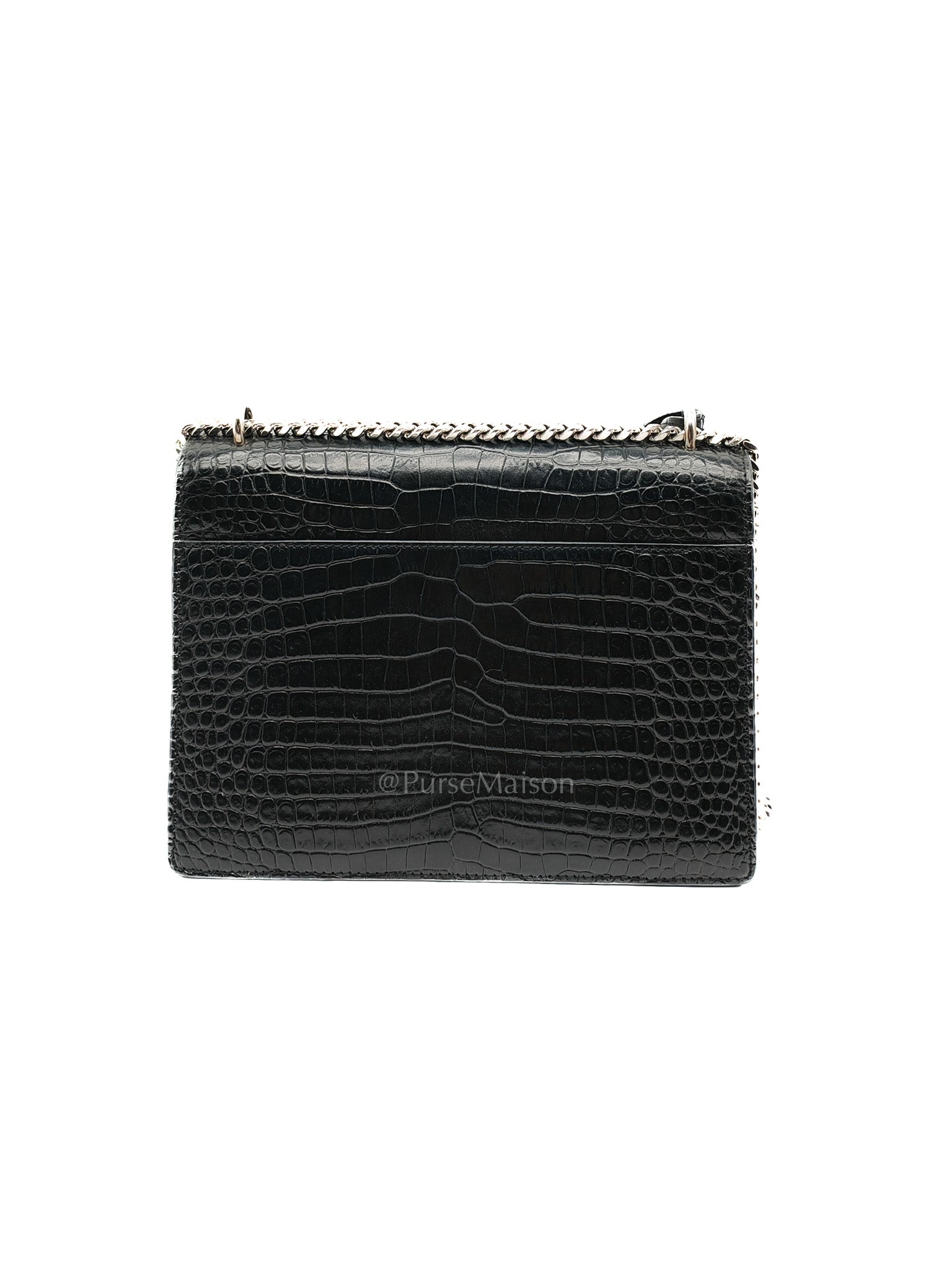 Yves Saint Laurent Sunset Medium Shoulder Bag in Black Shiny Crocodile Leather and Silver Hardware