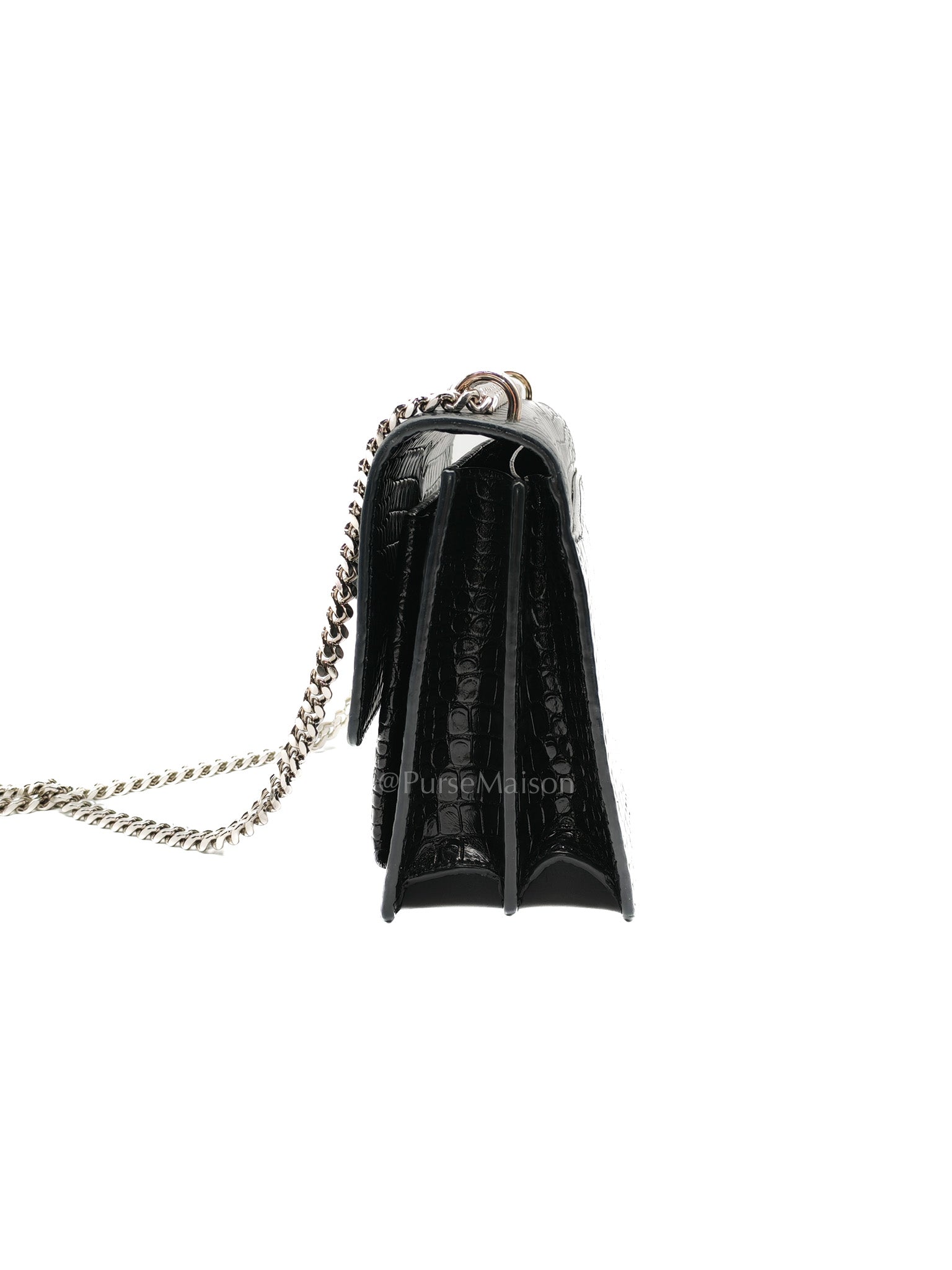 Yves Saint Laurent Sunset Medium Shoulder Bag in Black Shiny Crocodile Leather and Silver Hardware