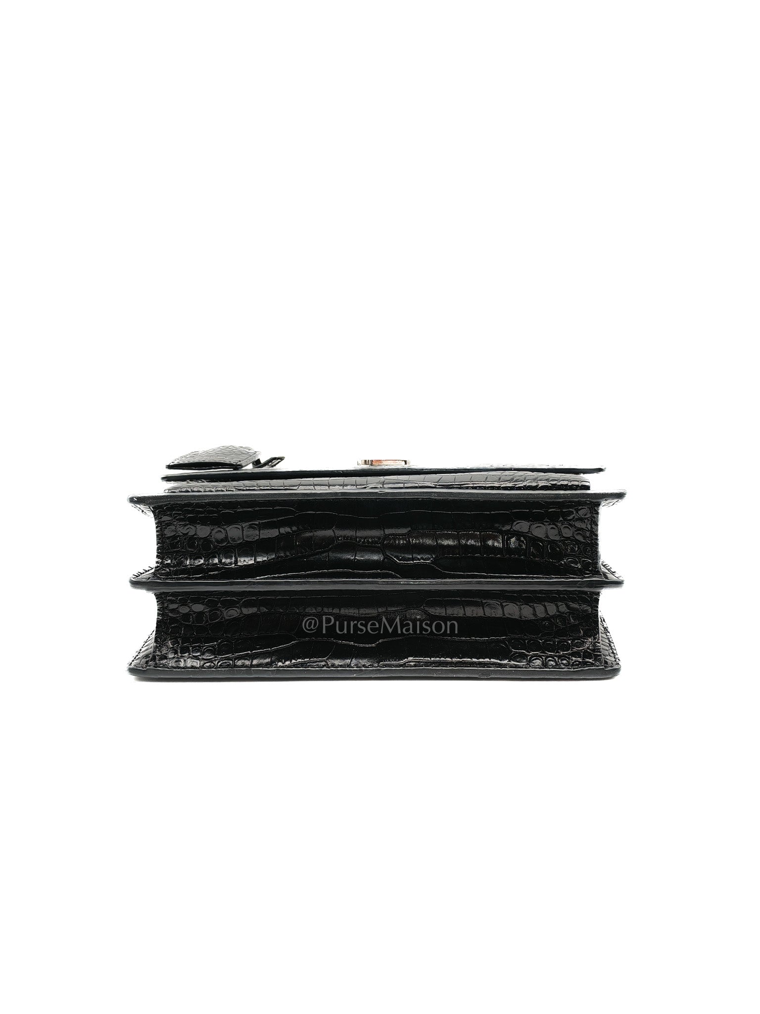 Yves Saint Laurent Sunset Medium Shoulder Bag in Black Shiny Crocodile Leather and Silver Hardware