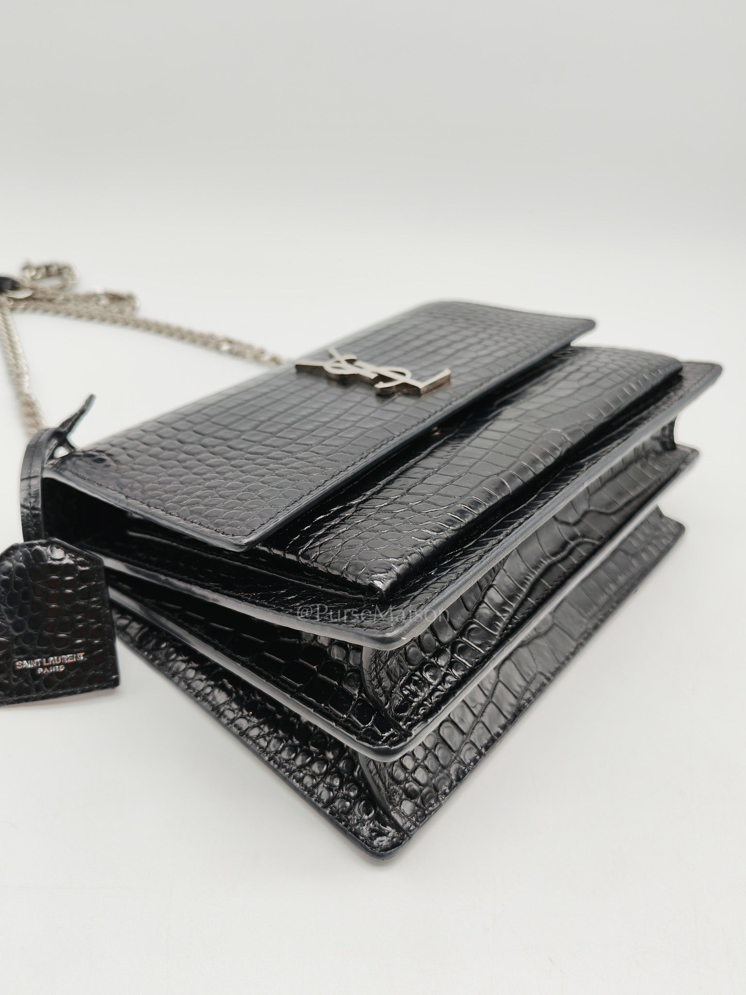 Yves Saint Laurent Sunset Medium Shoulder Bag in Black Shiny Crocodile Leather and Silver Hardware