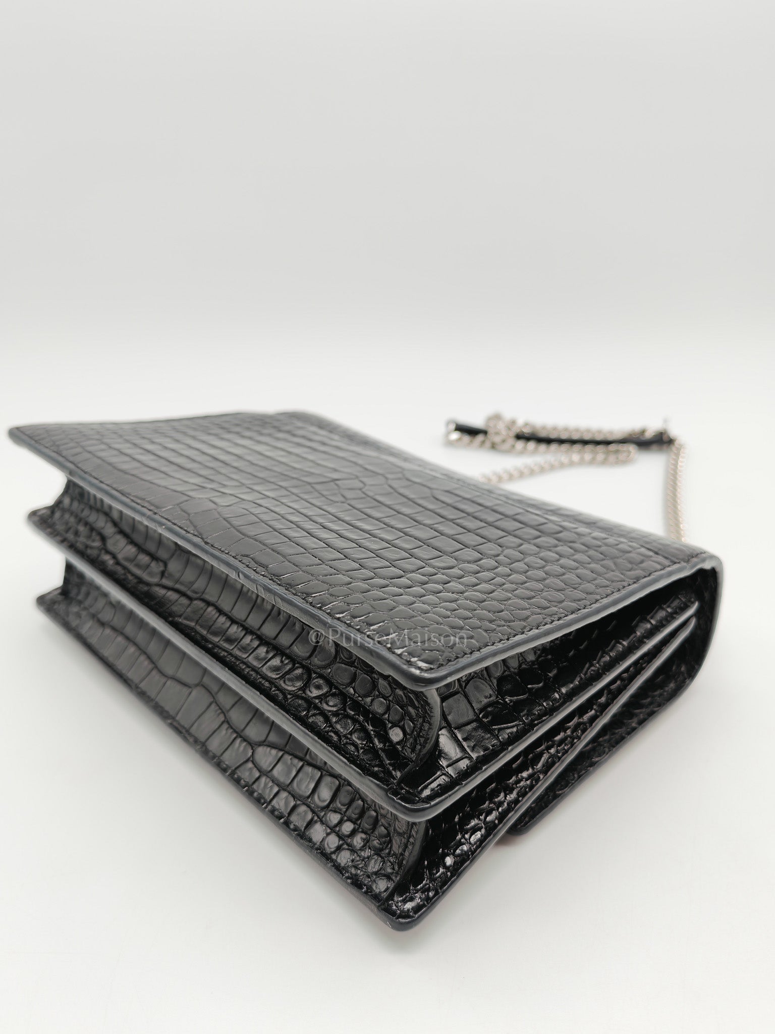 Yves Saint Laurent Sunset Medium Shoulder Bag in Black Shiny Crocodile Leather and Silver Hardware