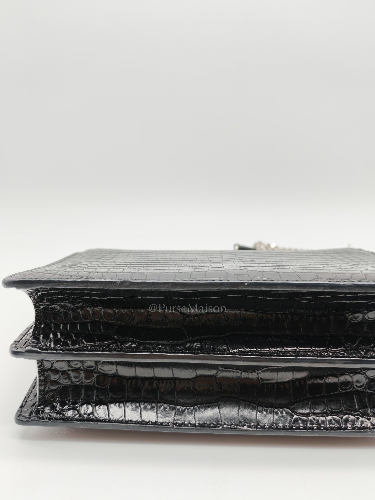 Yves Saint Laurent Sunset Medium Shoulder Bag in Black Shiny Crocodile Leather and Silver Hardware