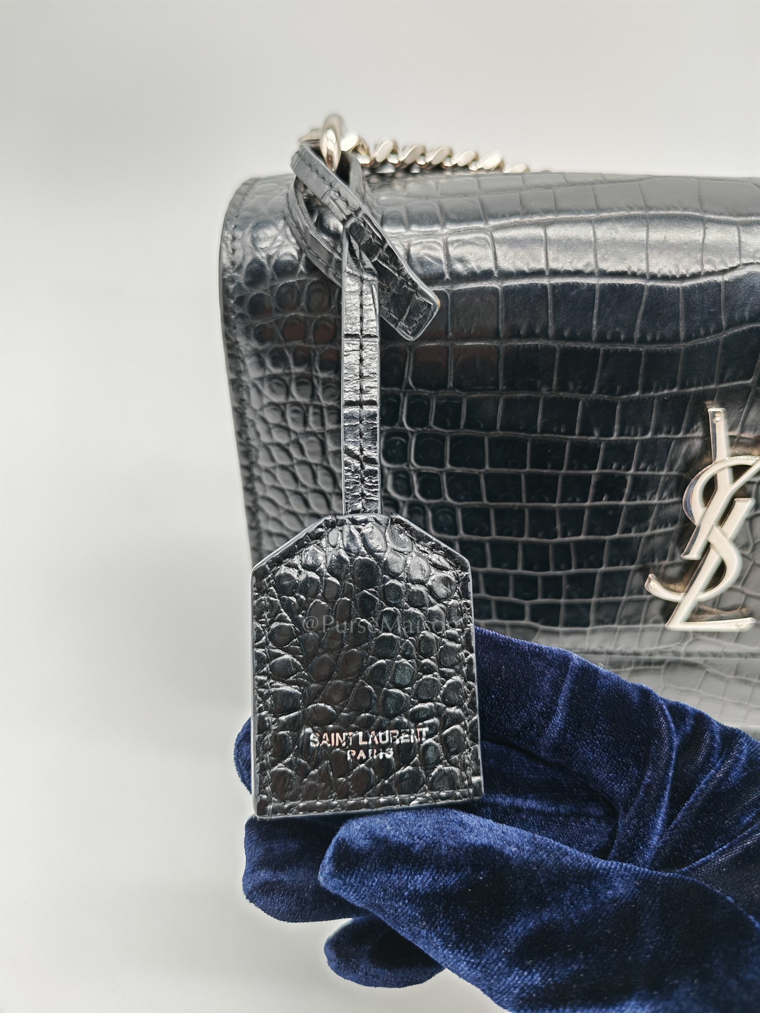Yves Saint Laurent Sunset Medium Shoulder Bag in Black Shiny Crocodile Leather and Silver Hardware