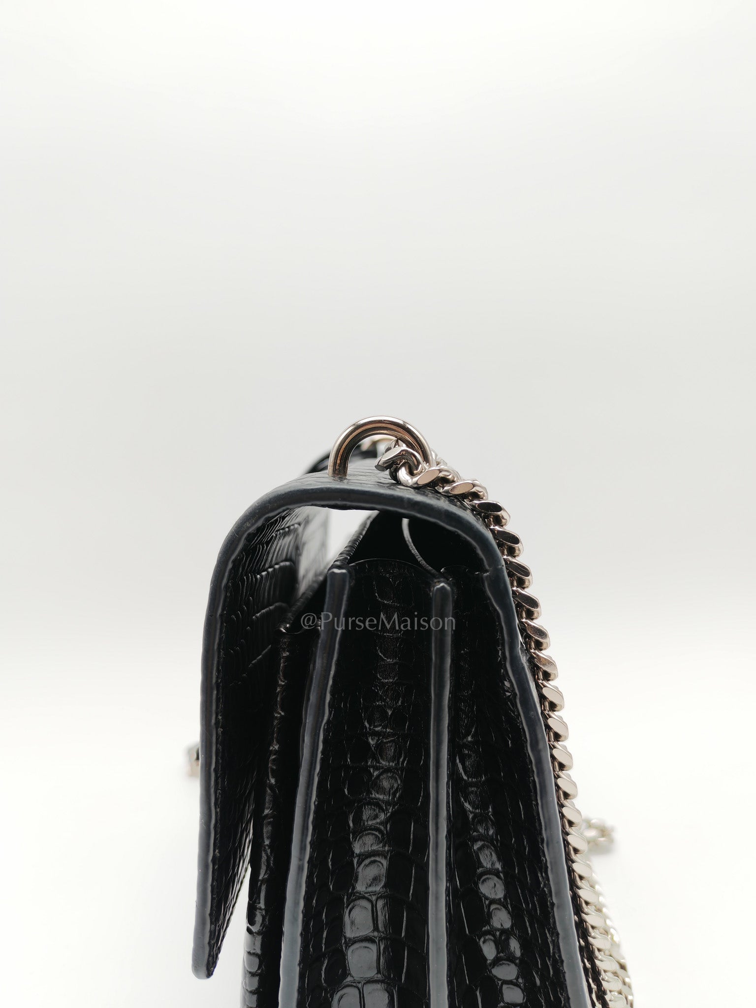 Yves Saint Laurent Sunset Medium Shoulder Bag in Black Shiny Crocodile Leather and Silver Hardware