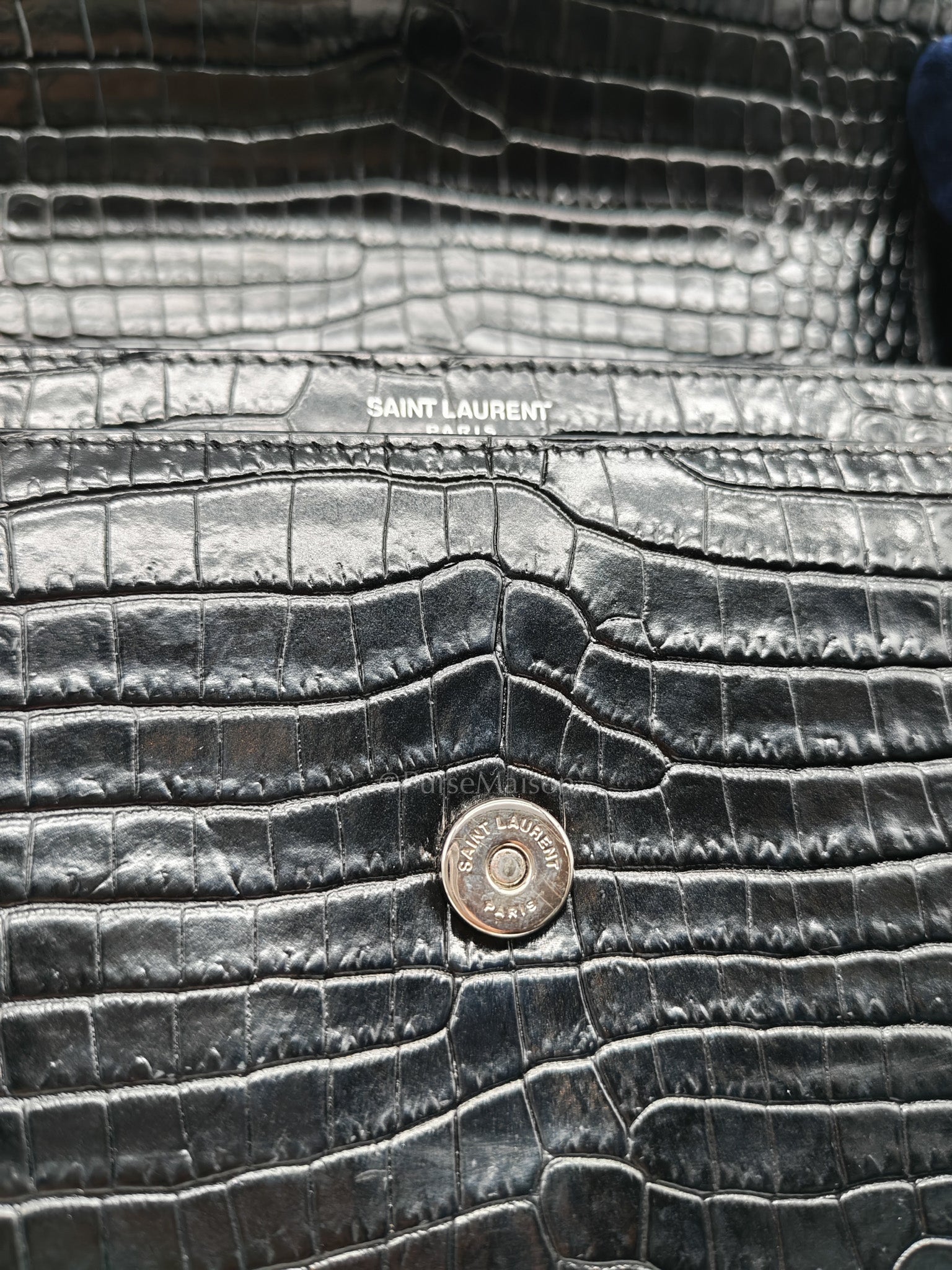 Yves Saint Laurent Sunset Medium Shoulder Bag in Black Shiny Crocodile Leather and Silver Hardware