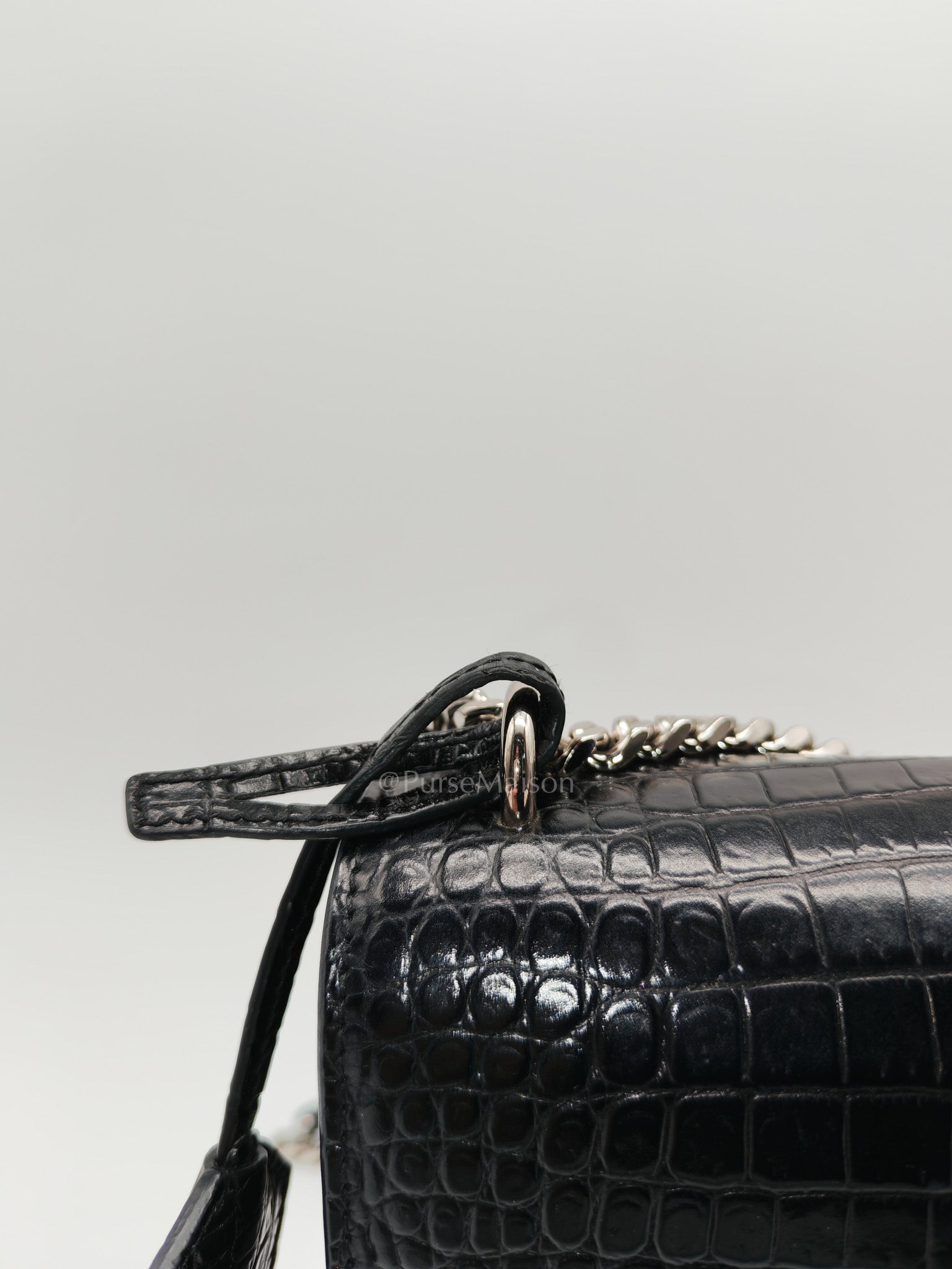 Yves Saint Laurent Sunset Medium Shoulder Bag in Black Shiny Crocodile Leather and Silver Hardware