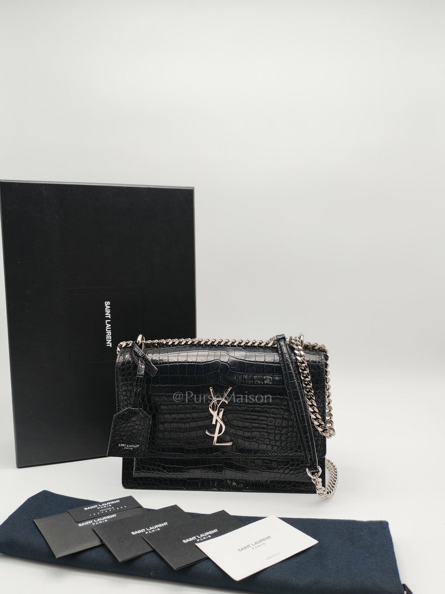 Yves Saint Laurent Sunset Medium Shoulder Bag in Black Shiny Crocodile Leather and Silver Hardware