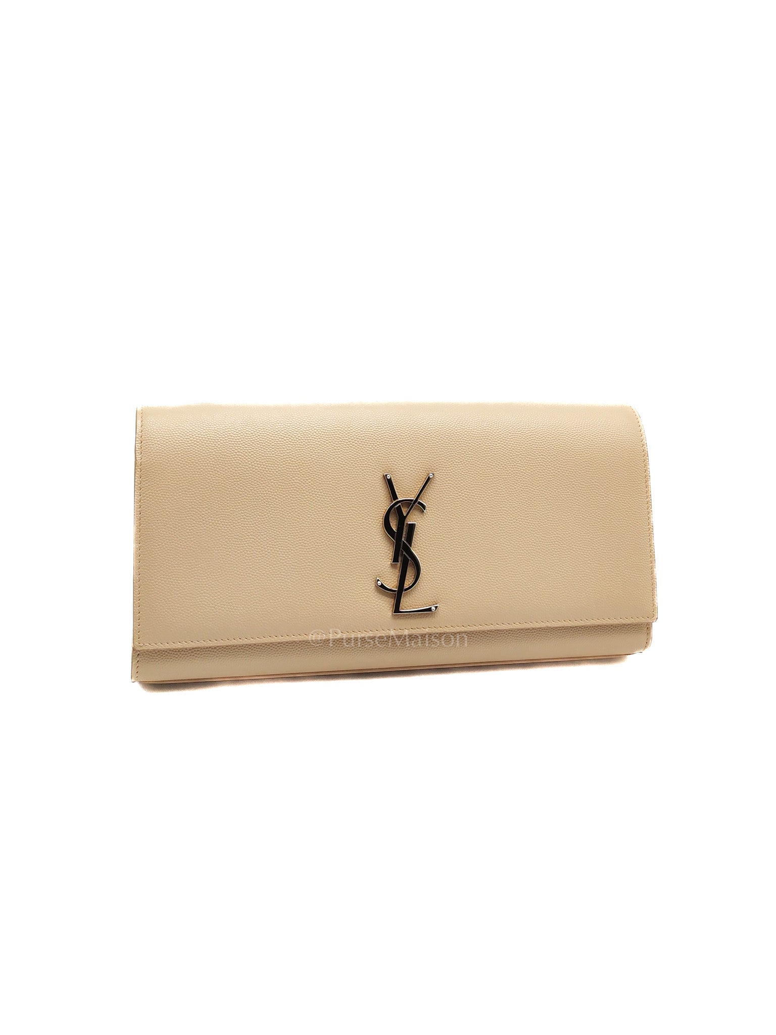 Yves Saint Laurent Classic Monogram Clutch in Light Beige Grain De Poudre Leather and Silver Hardware