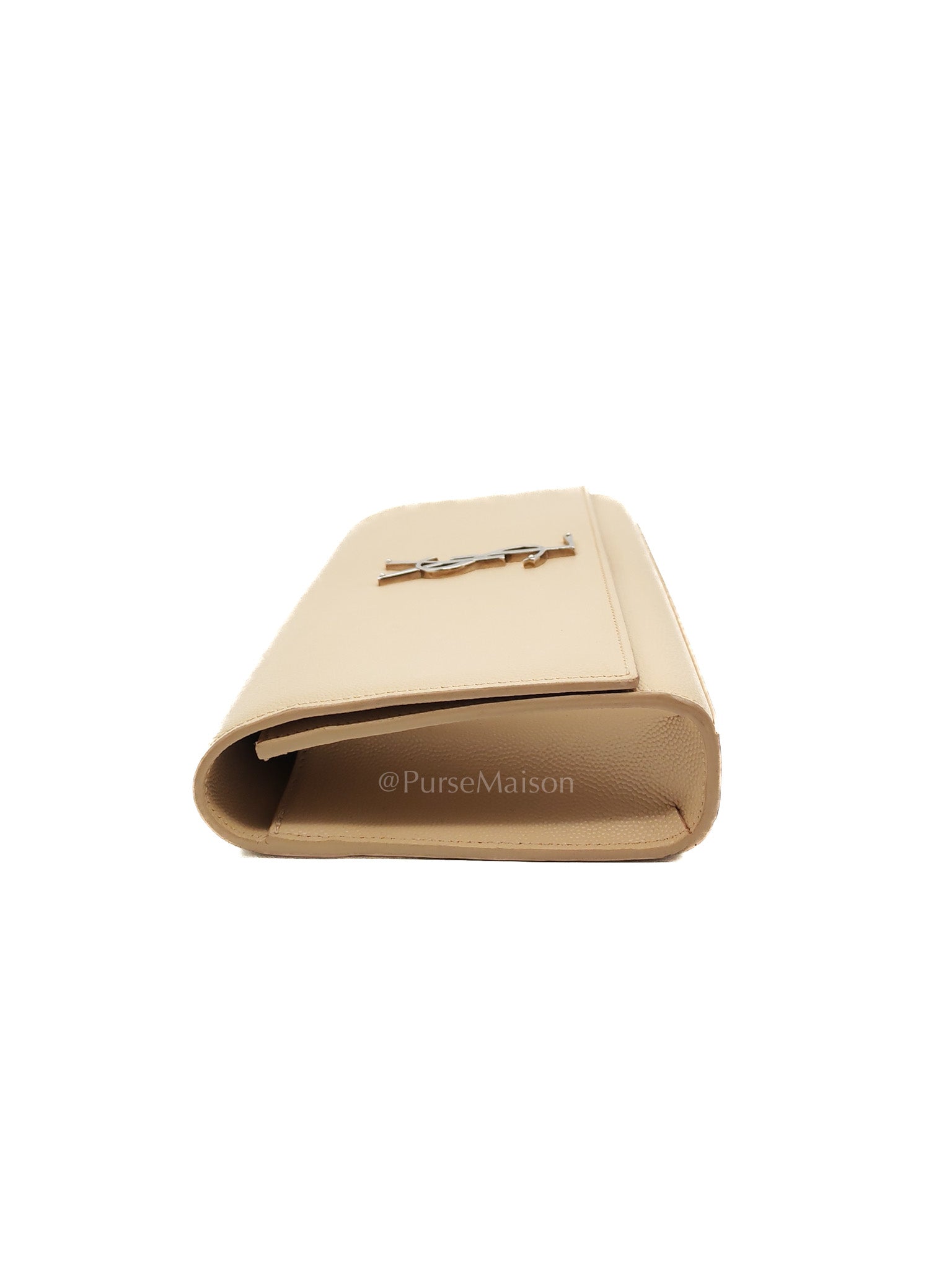 Yves Saint Laurent Classic Monogram Clutch in Light Beige Grain De Poudre Leather and Silver Hardware