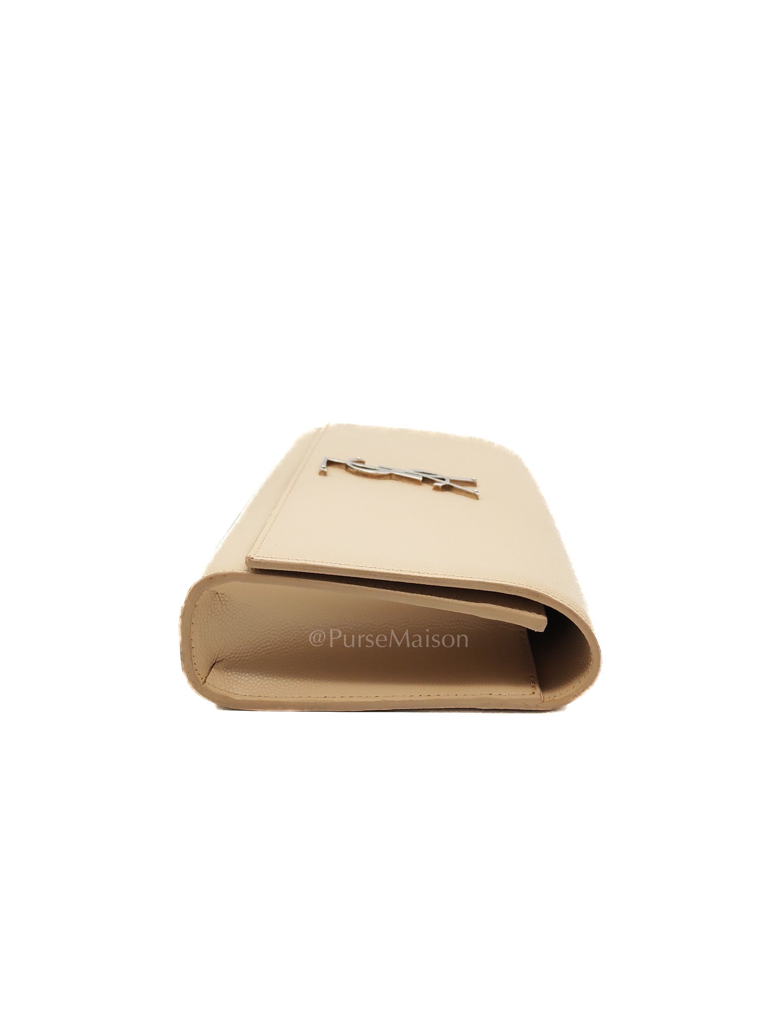 Yves Saint Laurent Classic Monogram Clutch in Light Beige Grain De Poudre Leather and Silver Hardware