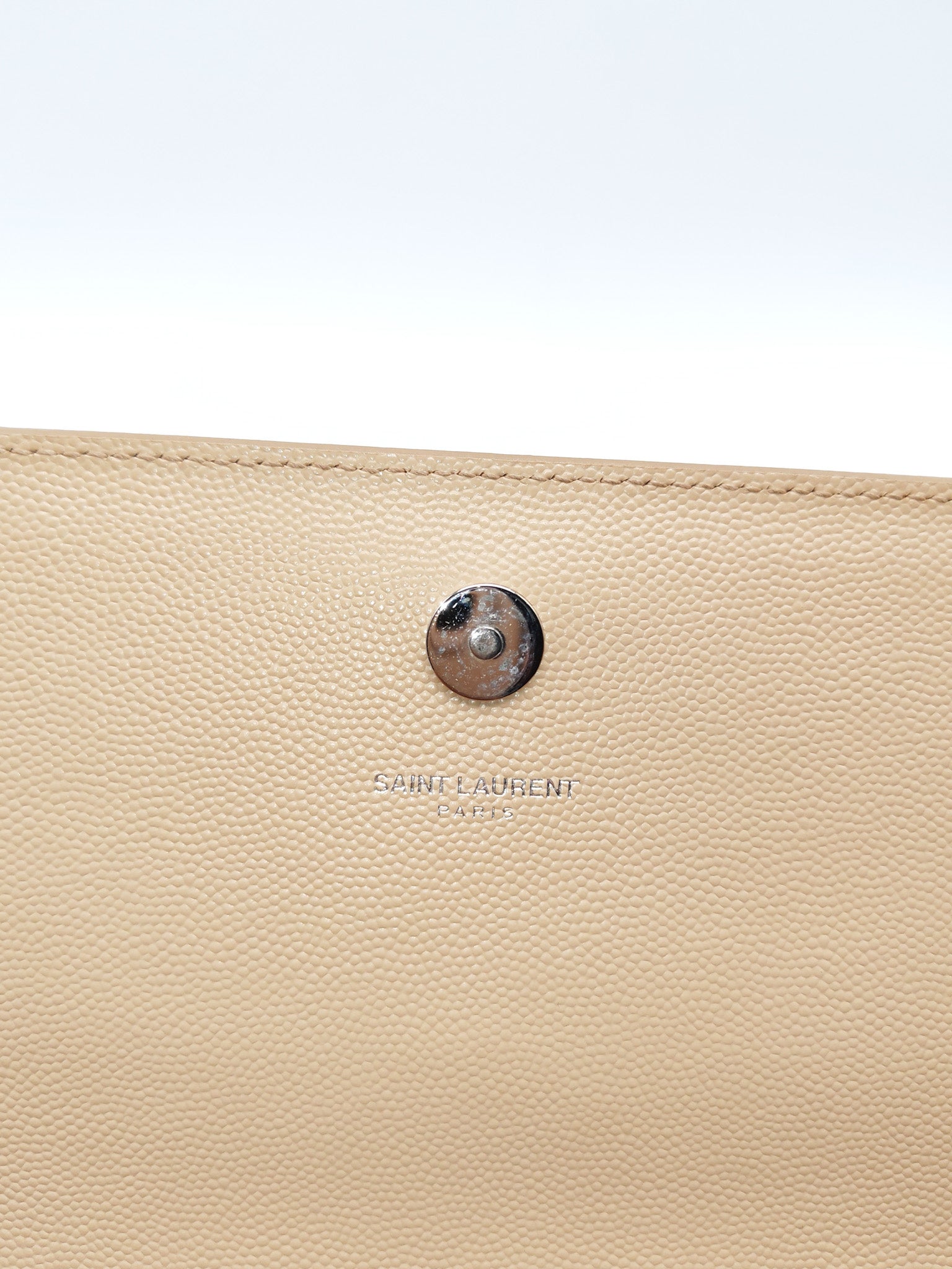 Yves Saint Laurent Classic Monogram Clutch in Light Beige Grain De Poudre Leather and Silver Hardware