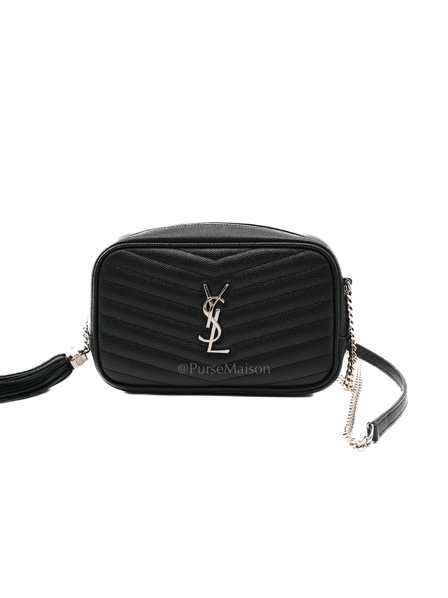 Yves Saint Laurent Lou Camera Bag Mini in Black Chevron Quilted Shiny Calfskin Leather and Silver Hardware