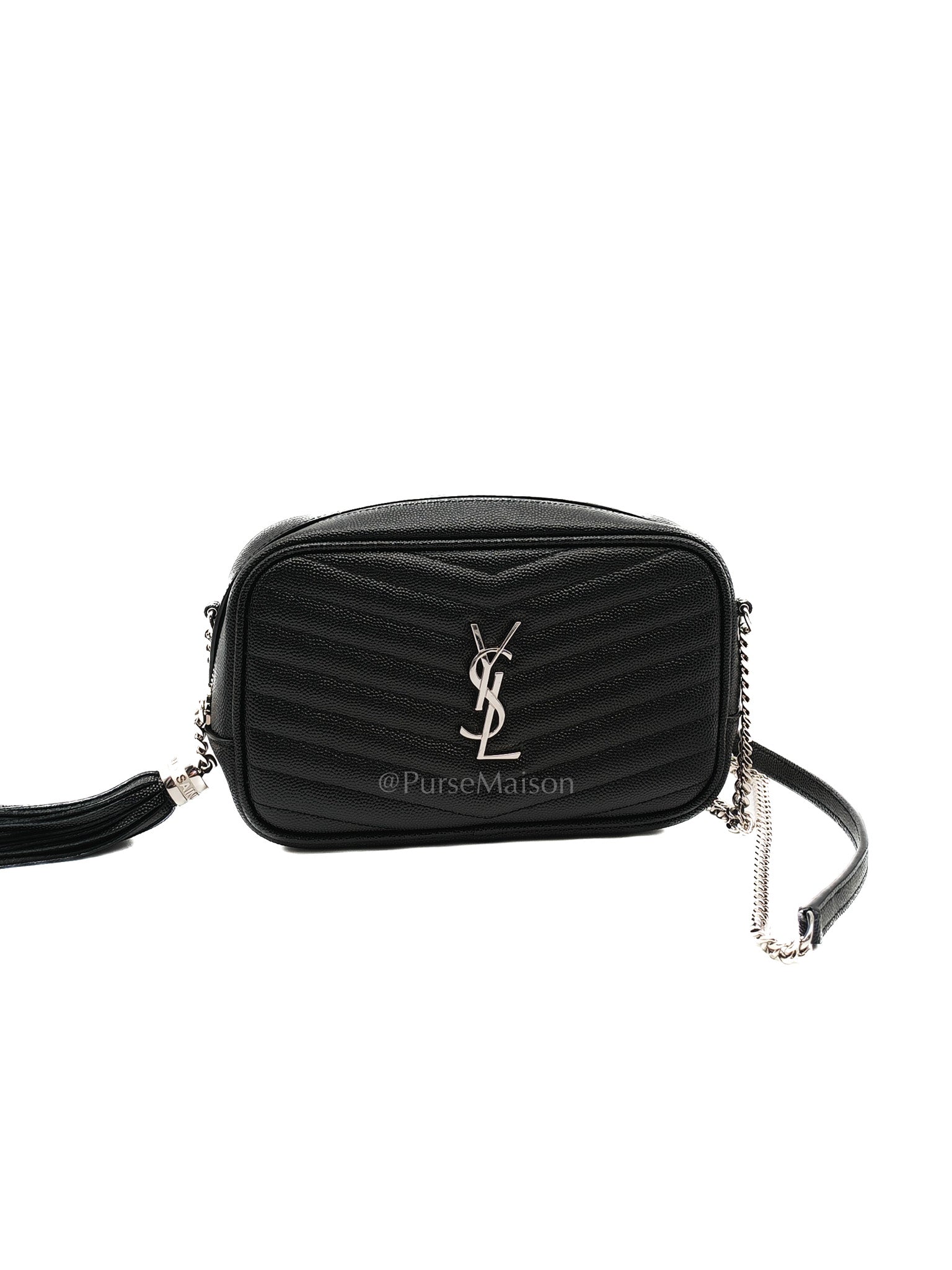 Yves Saint Laurent Lou Camera Bag Mini in Black Chevron Quilted Shiny Calfskin Leather and Silver Hardware