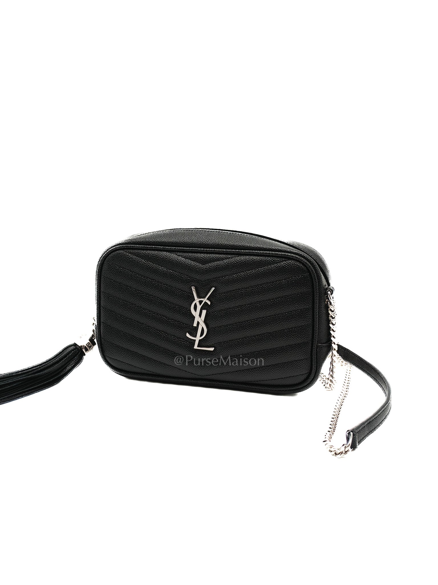 Yves Saint Laurent Lou Camera Bag Mini in Black Chevron Quilted Shiny Calfskin Leather and Silver Hardware