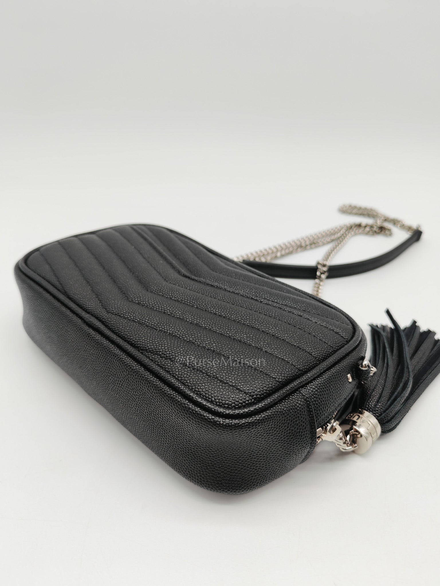Yves Saint Laurent Lou Camera Bag Mini in Black Chevron Quilted Shiny Calfskin Leather and Silver Hardware