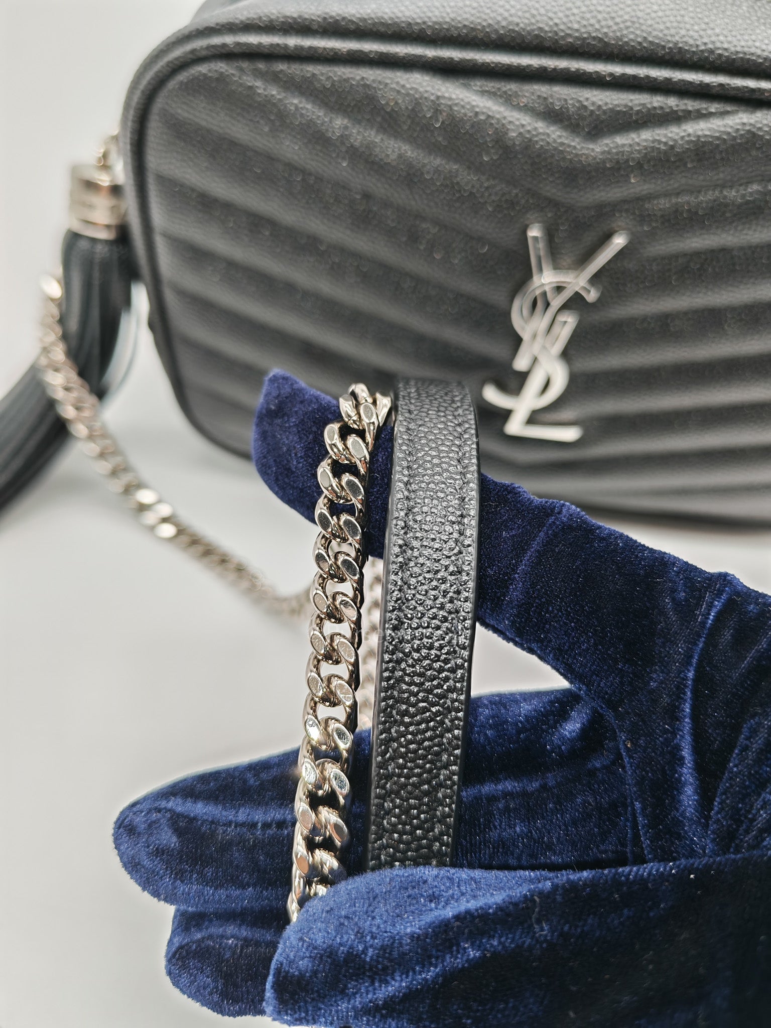 Yves Saint Laurent Lou Camera Bag Mini in Black Chevron Quilted Shiny Calfskin Leather and Silver Hardware