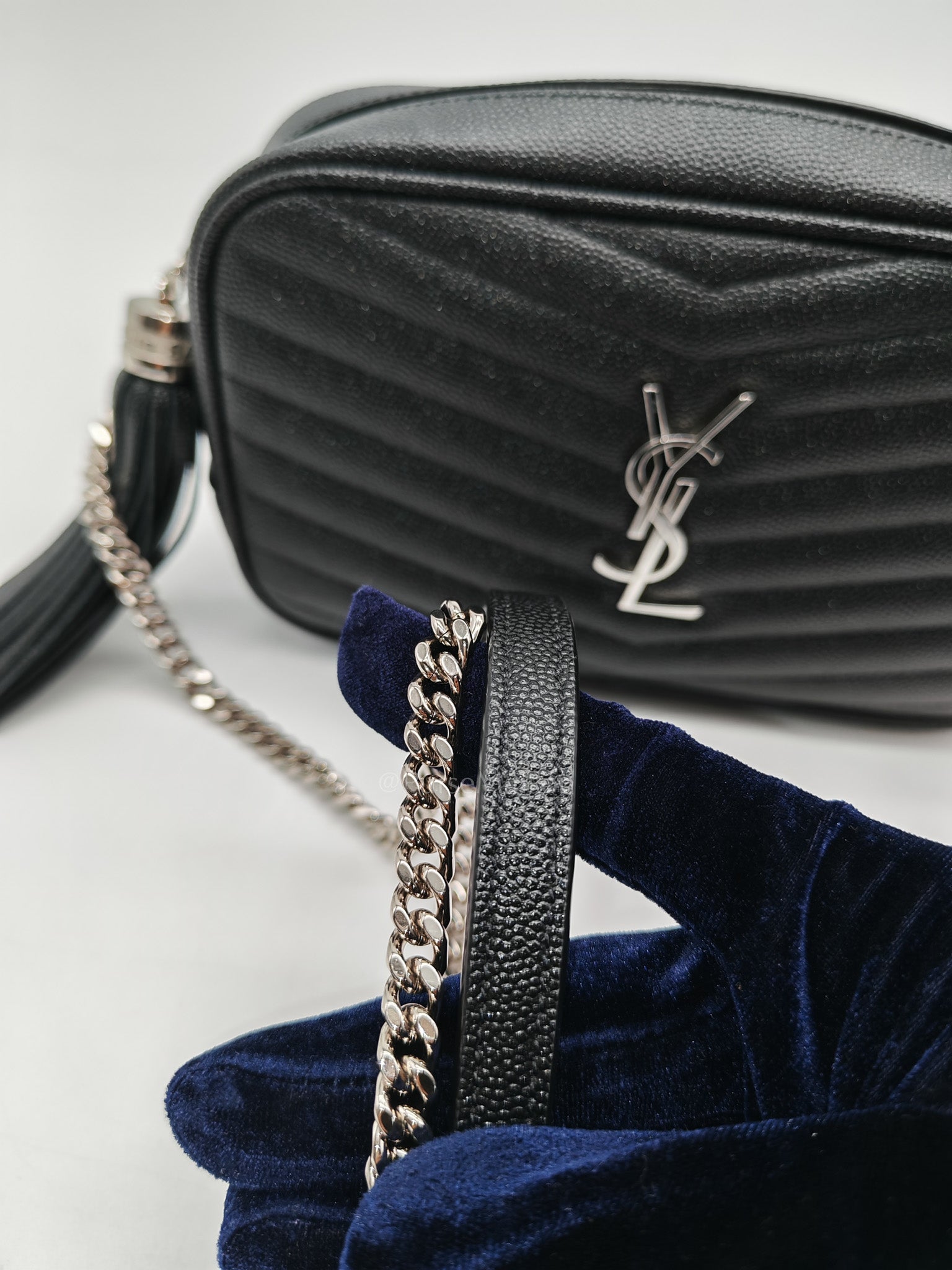 Yves Saint Laurent Lou Camera Bag Mini in Black Chevron Quilted Shiny Calfskin Leather and Silver Hardware