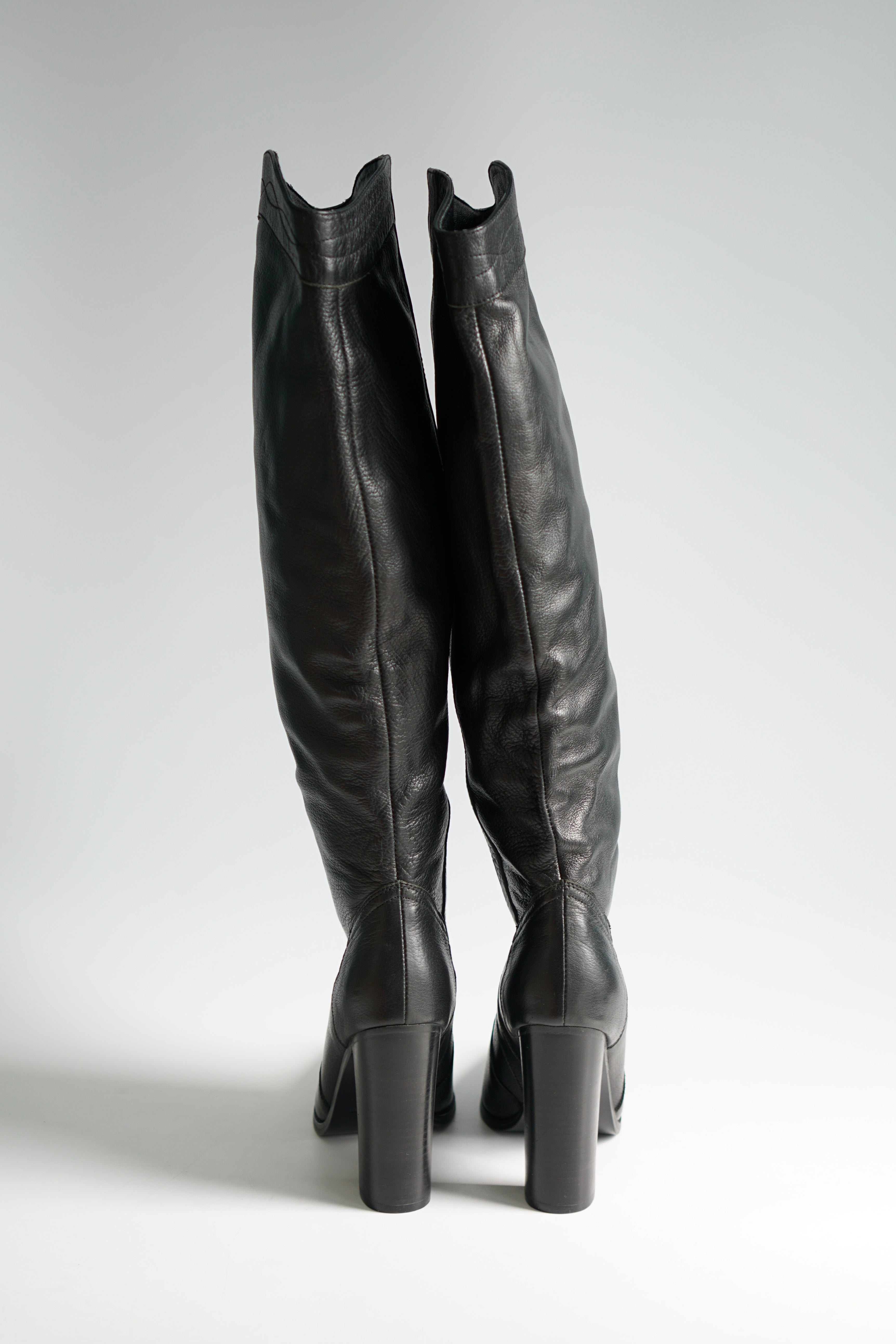 YSL Black Leather Knee-Length Boots with Heels Size 38 EUR | Purse Maison Luxury Bags Shop