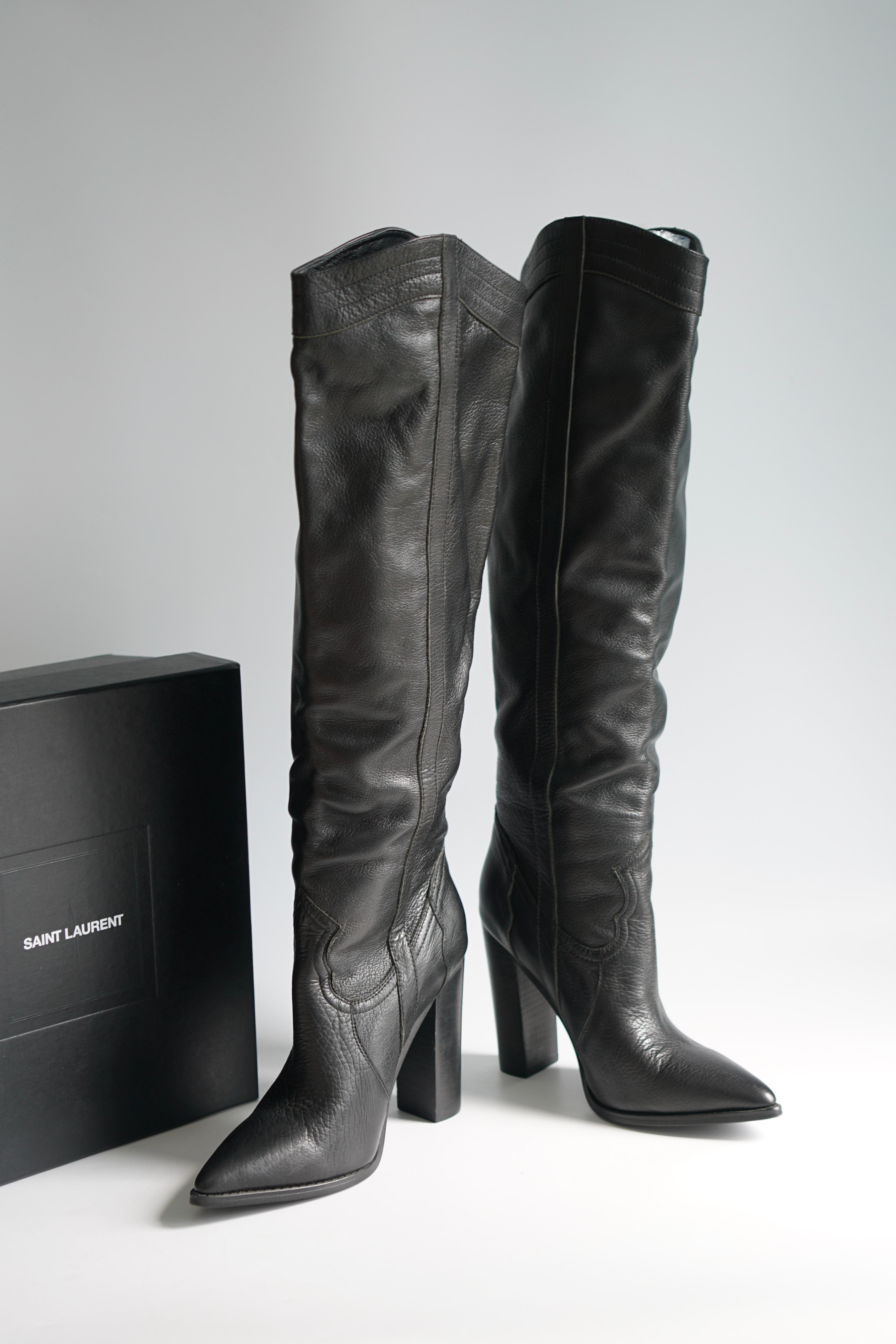 YSL Black Leather Knee-Length Boots with Heels Size 38 EUR | Purse Maison Luxury Bags Shop